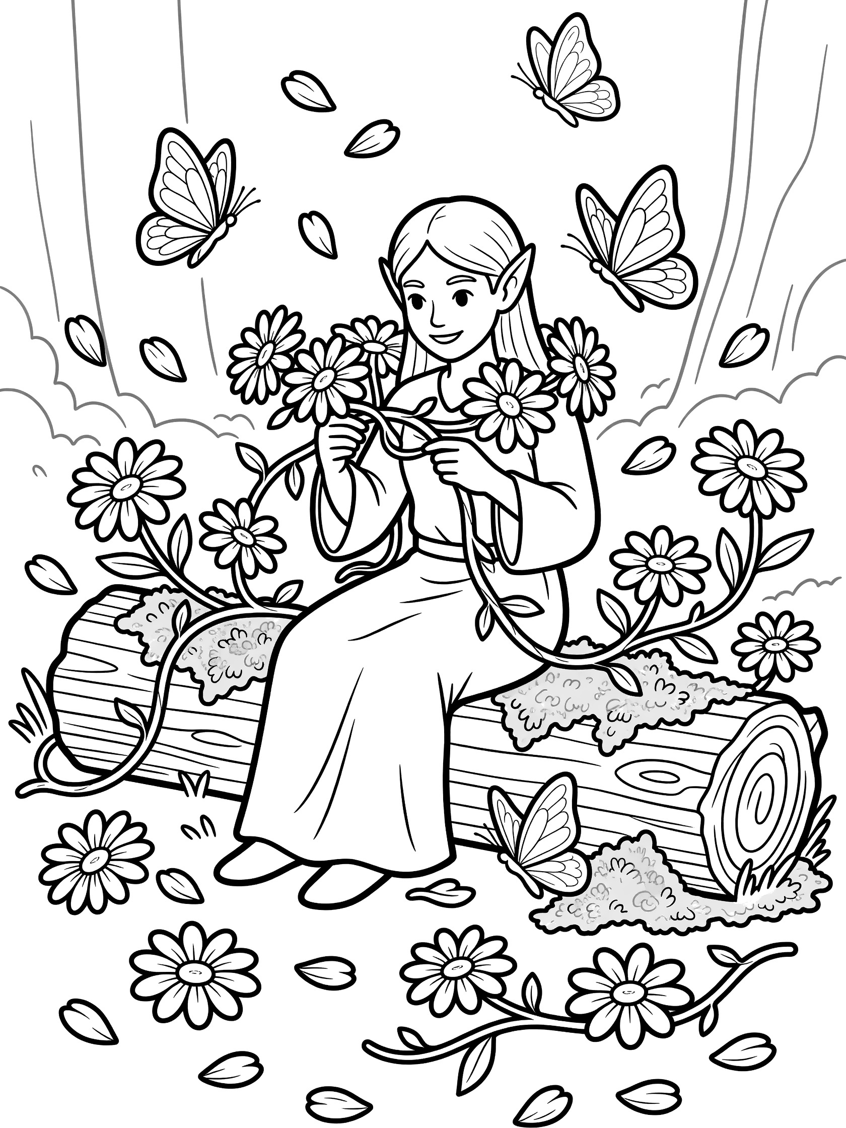 Black and white line art coloring page of a wood elf girl weaving a crown of daisies and vines while sitting on a mossy log, butterflies nearby, petals scattered around
