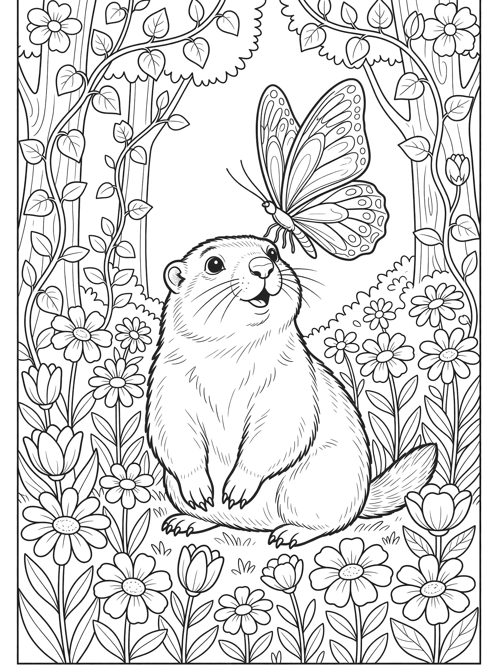 Line art coloring page showing a woodchuck with wonder on its face watching a large butterfly on its nose amid flowers and vines in a garden