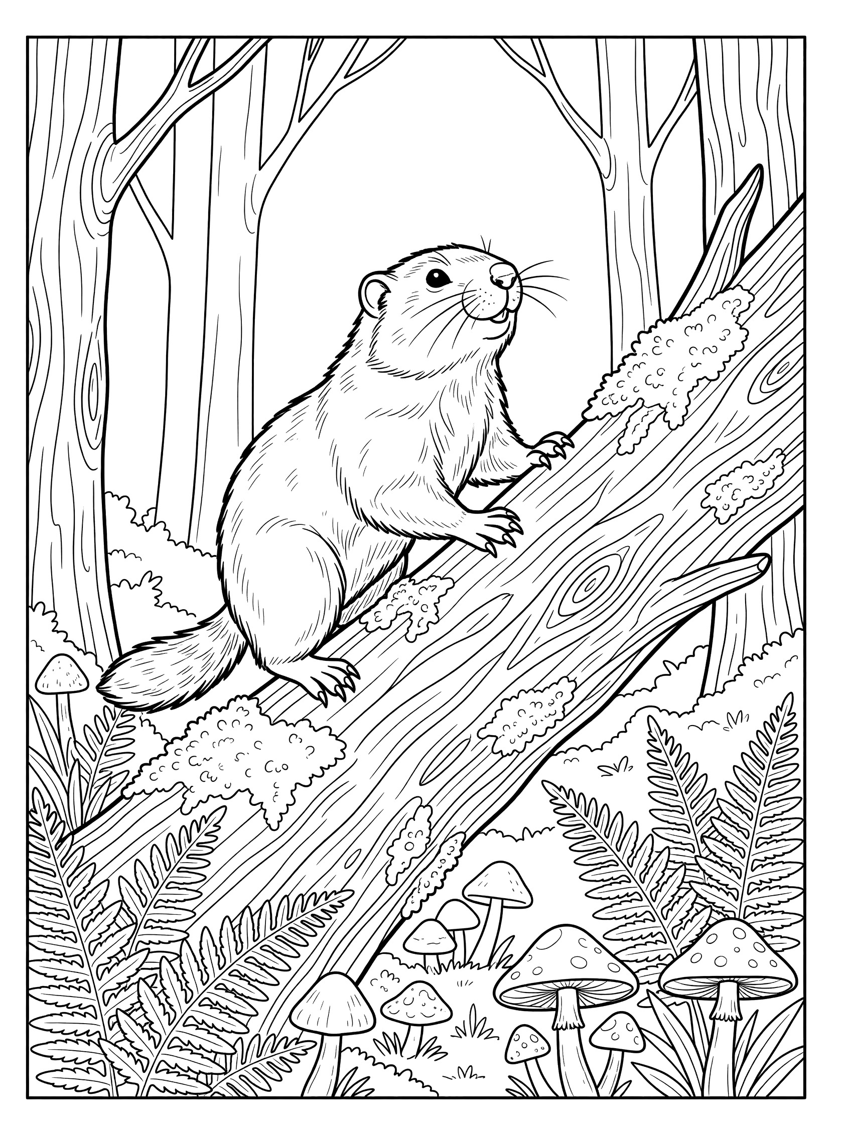Black and white line art coloring page showing a woodchuck gripping a mossy log with ferns and mushrooms at the base in a forest setting