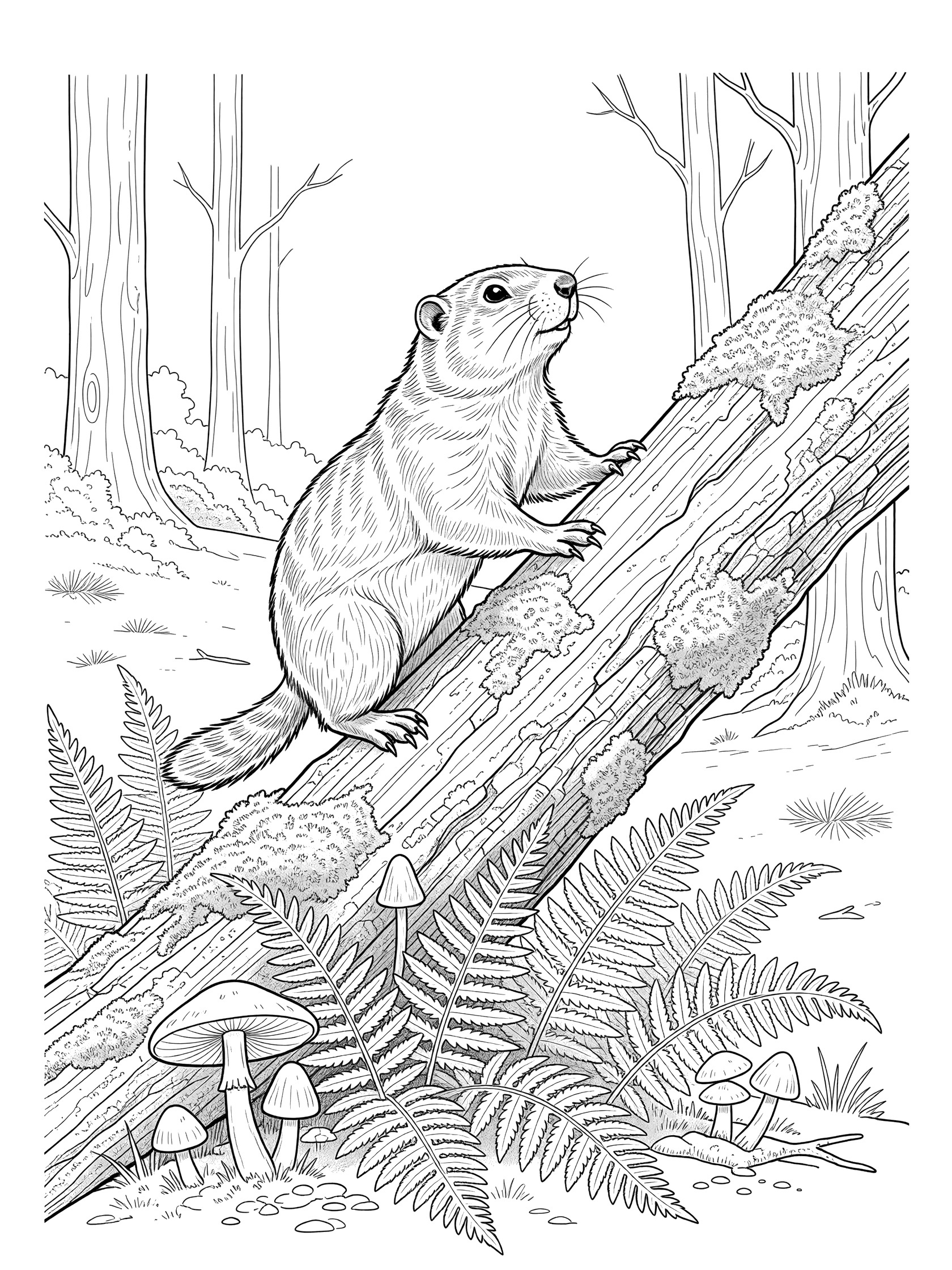 Black and white line art coloring page showing a determined woodchuck gripping a mossy log with paws, looking up, surrounded by ferns and mushrooms in the forest.