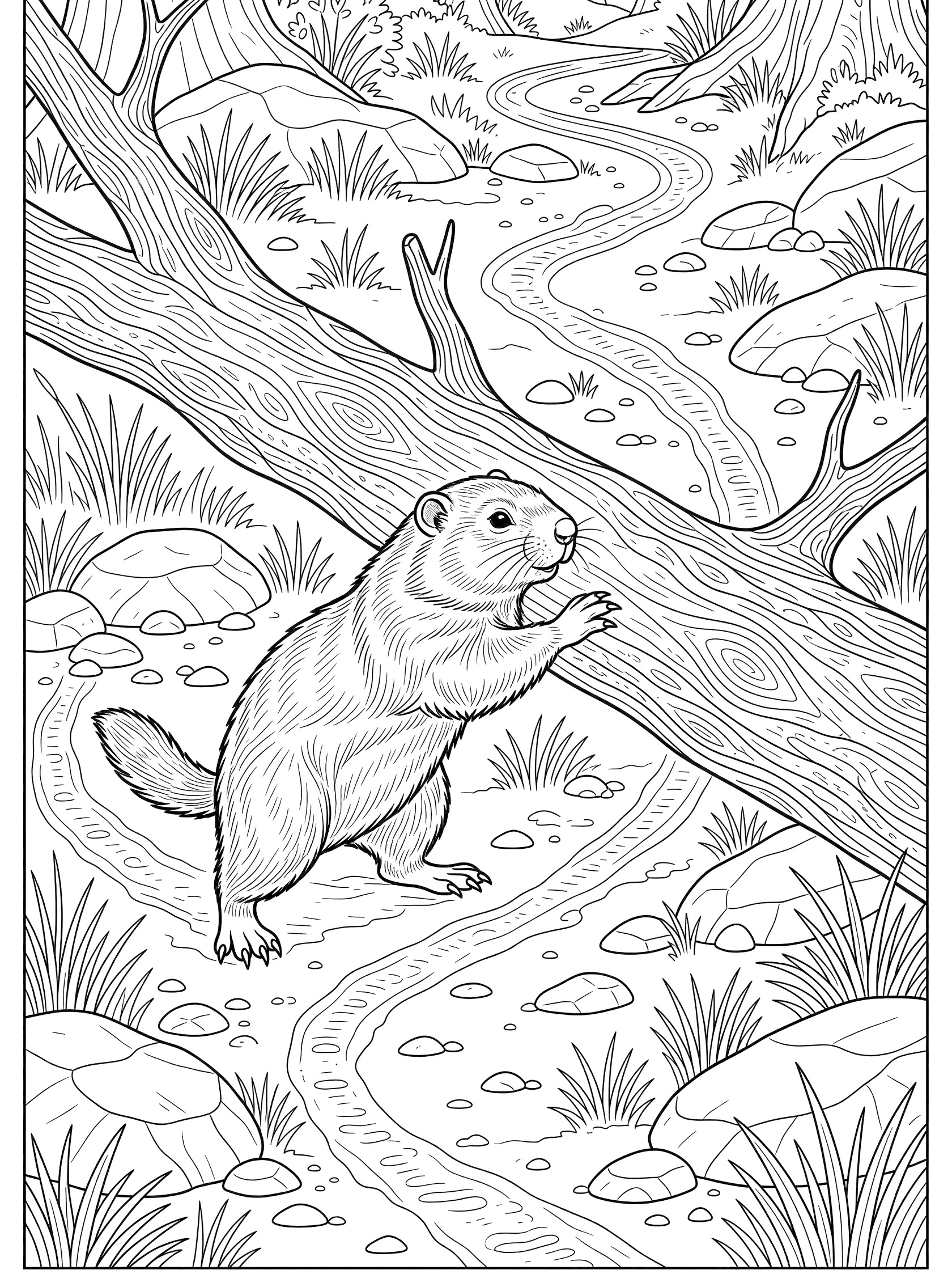 Black and white coloring book page showing a woodchuck climbing up a fallen log surrounded by forest grass, rocks and a winding dirt path.