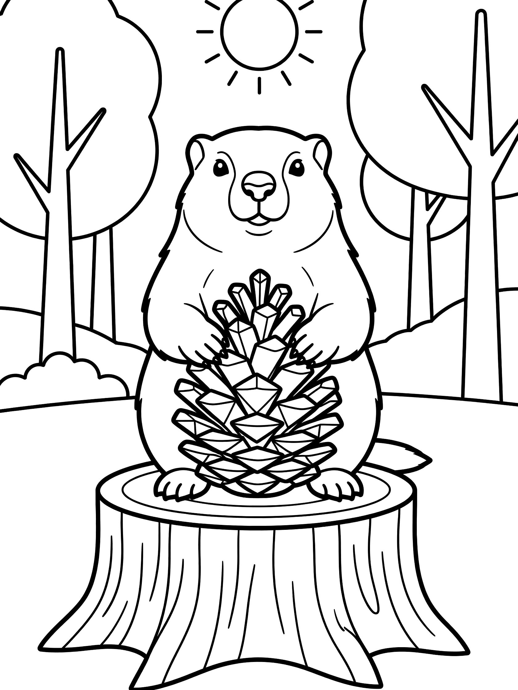 Printable coloring page showing a woodchuck sitting on a stump holding a geometric pinecone, with trees and sun in the background