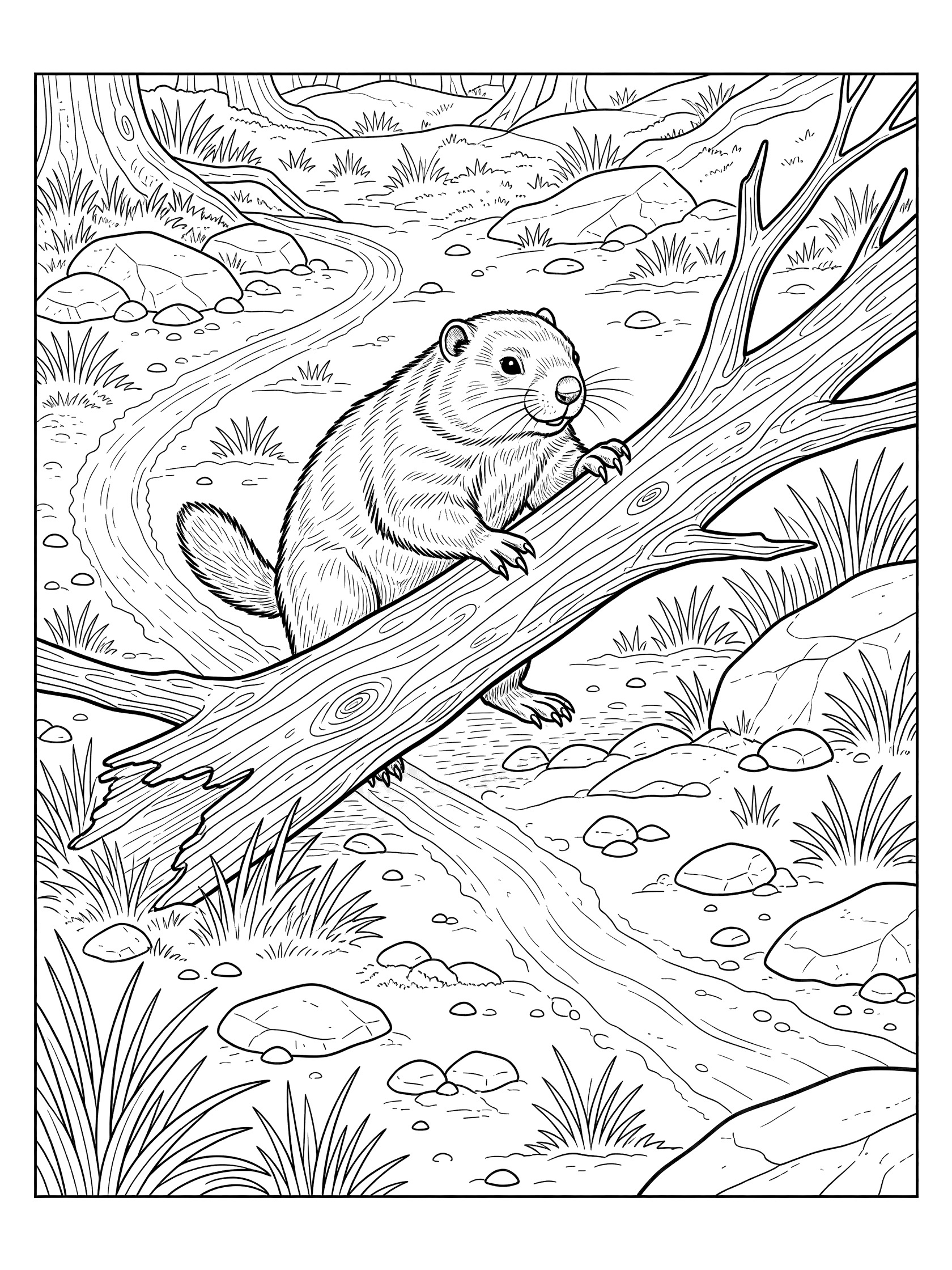 Black and white line art coloring page showing a woodchuck standing on a large log surrounded by forest grass, rocks, and dirt paths.