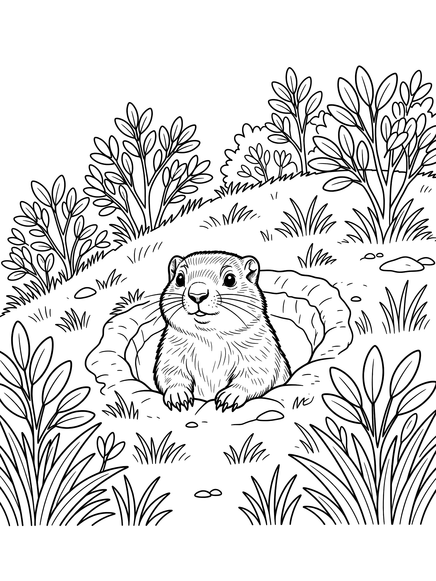Line art coloring page showing an adorable woodchuck with big curious eyes and tiny paws peeking out from a burrow entrance amid grass and shrubs on a hillside.