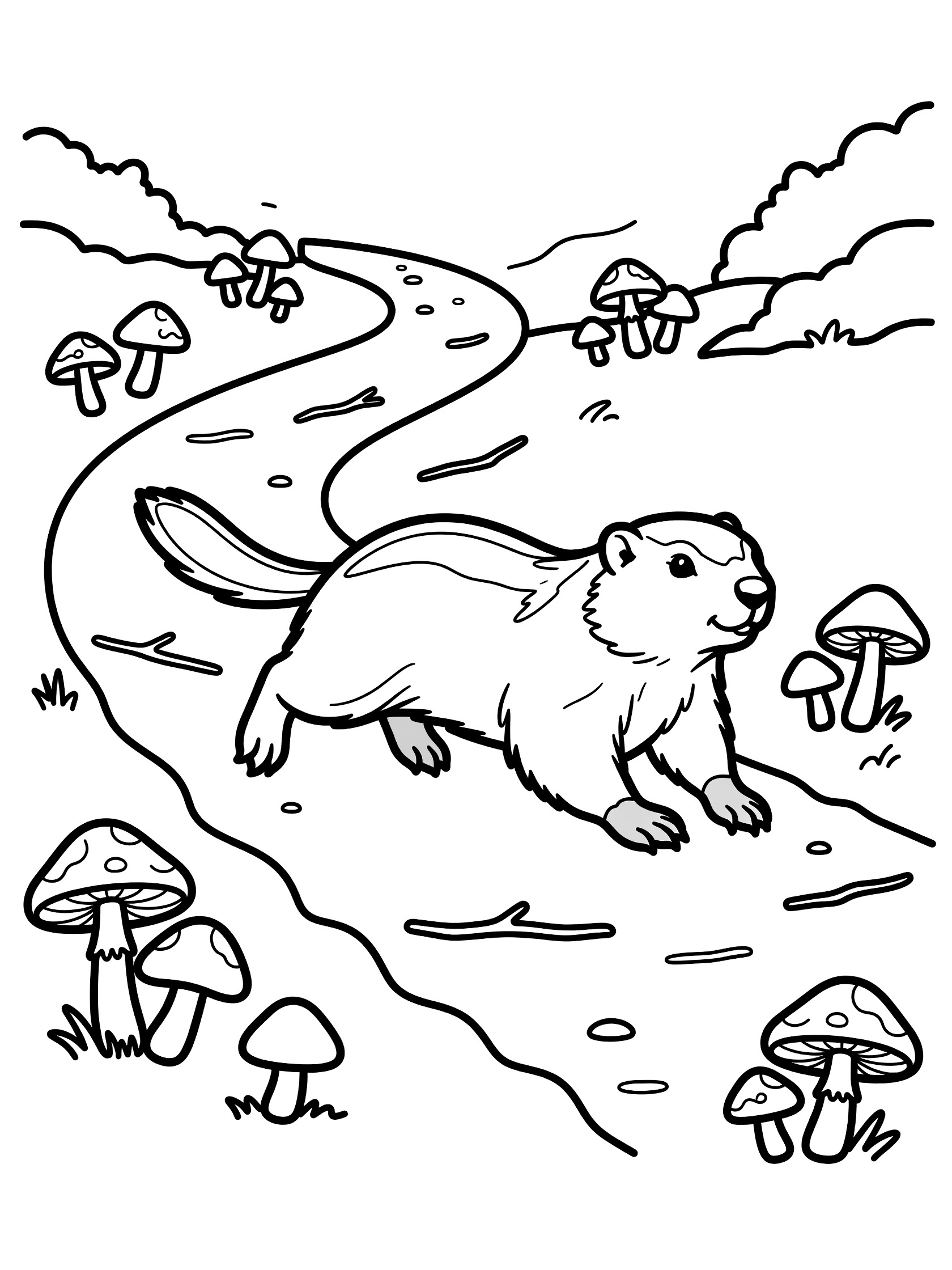 Line art coloring page showing a woodchuck running on a forest path lined with mushrooms and twigs, tail streaming behind, pure white background.