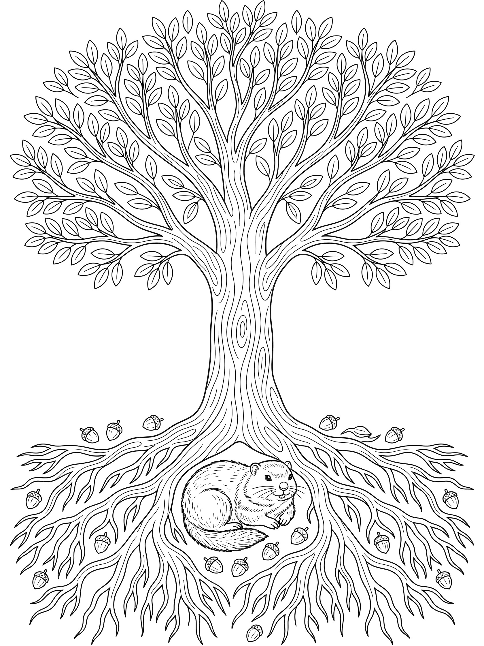Black and white line art coloring page showing a woodchuck under a tree with detailed roots, scattered acorns and nuts on the ground, and symmetric leaf patterns.
