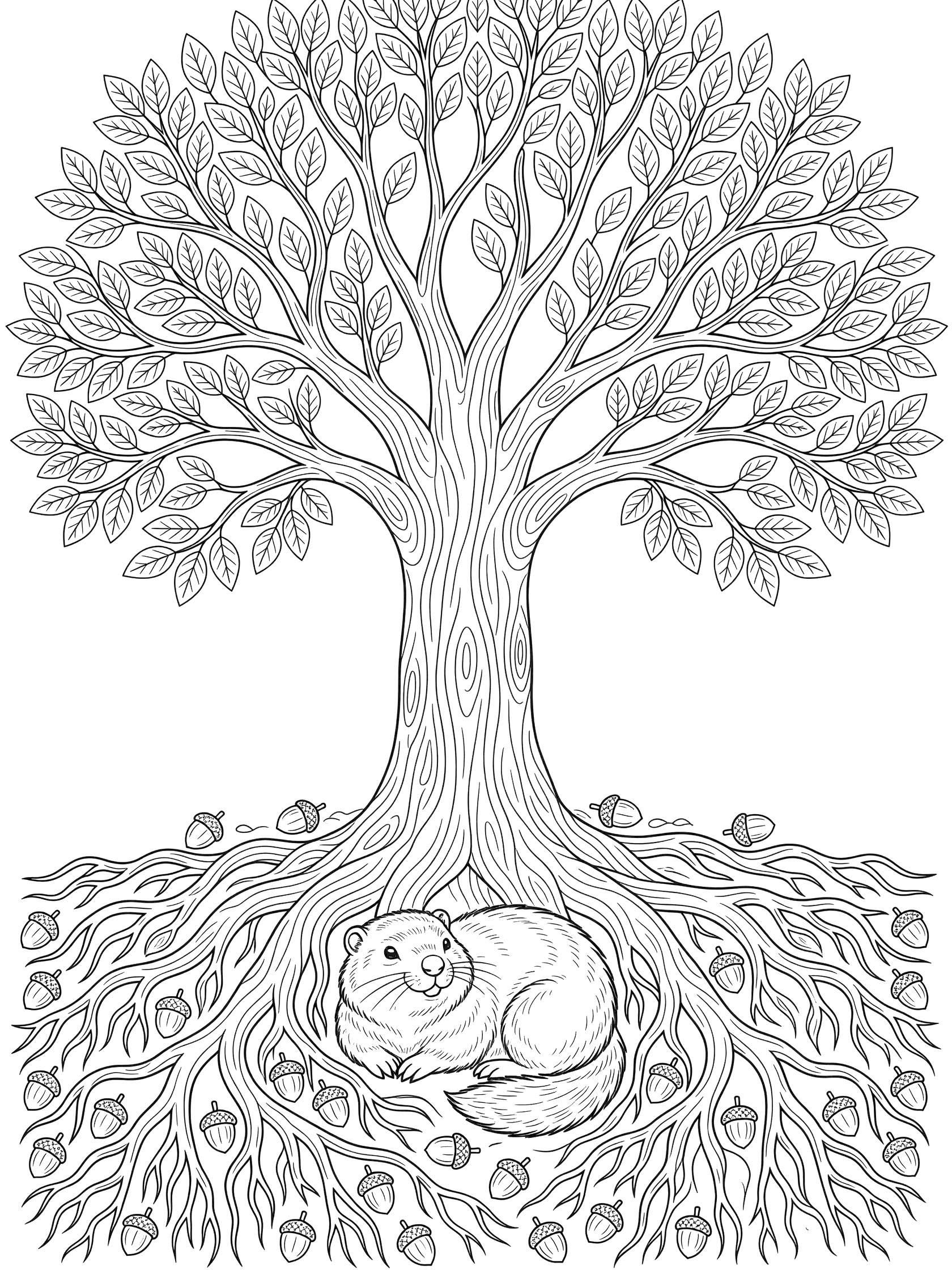 Black and white line art coloring page showing a woodchuck sitting under a large tree with detailed roots, leaves, and scattered acorns.
