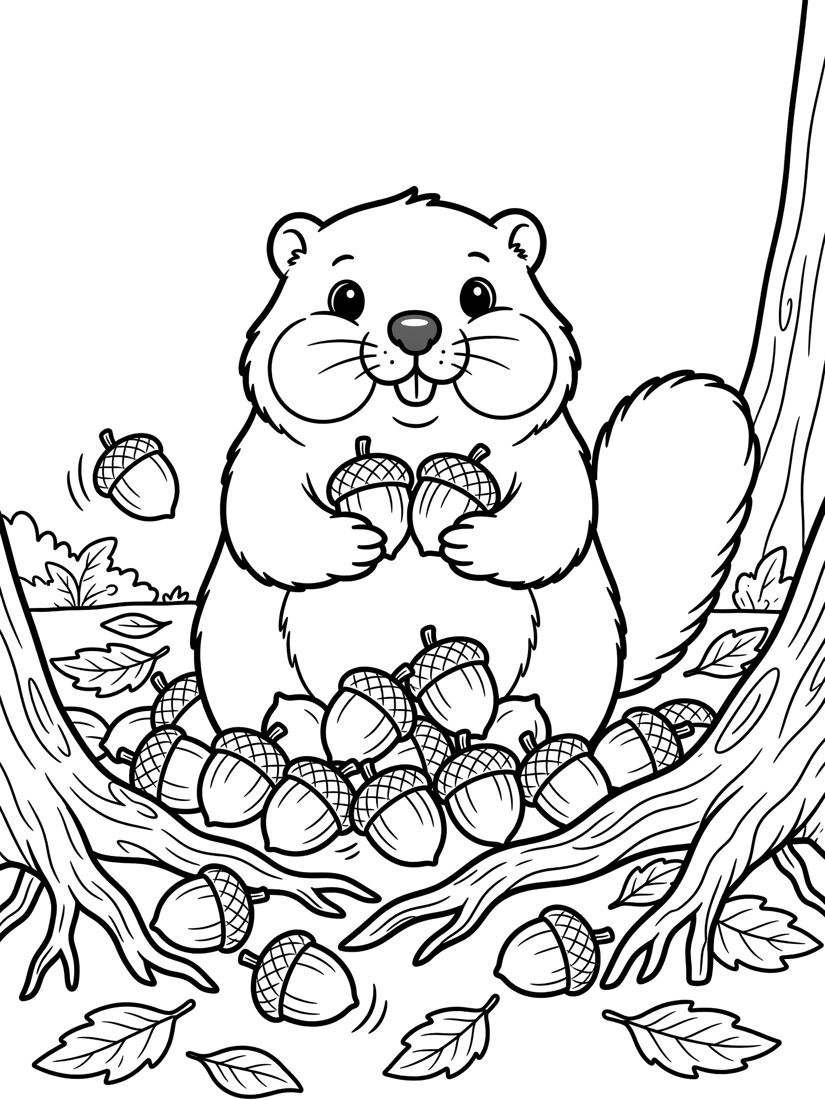 Black and white line art coloring page showing a woodchuck with cheeks full of acorns, holding more acorns, surrounded by a pile of acorns, tree roots, and fallen leaves.
