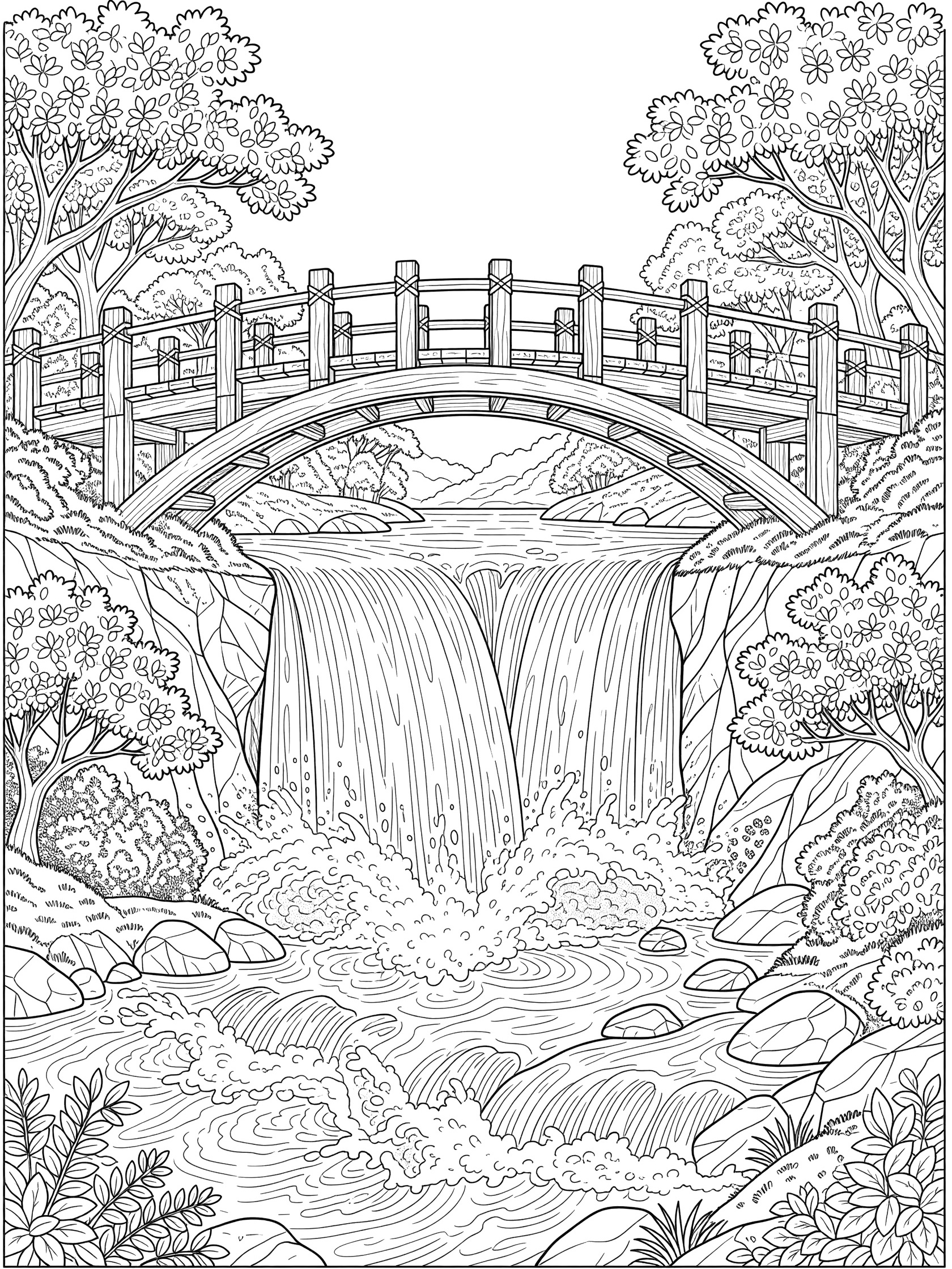 Black and white line art coloring page showing a wooden arched bridge spanning over a cascading waterfall into rocky rapids, surrounded by trees and bushes.