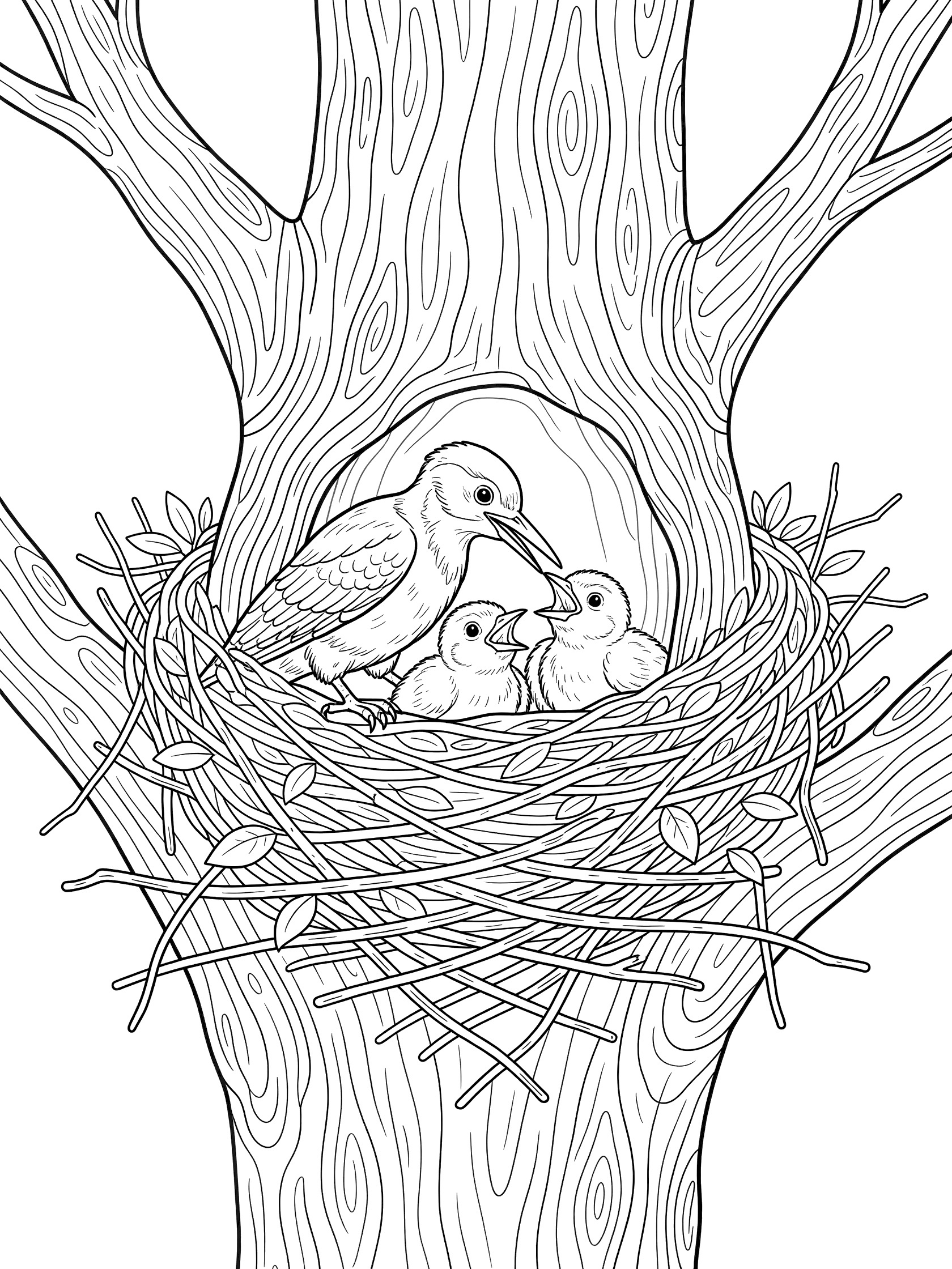 Black and white coloring page of a woodpecker feeding two baby woodpeckers in a tree trunk nest made of twigs and leaves.