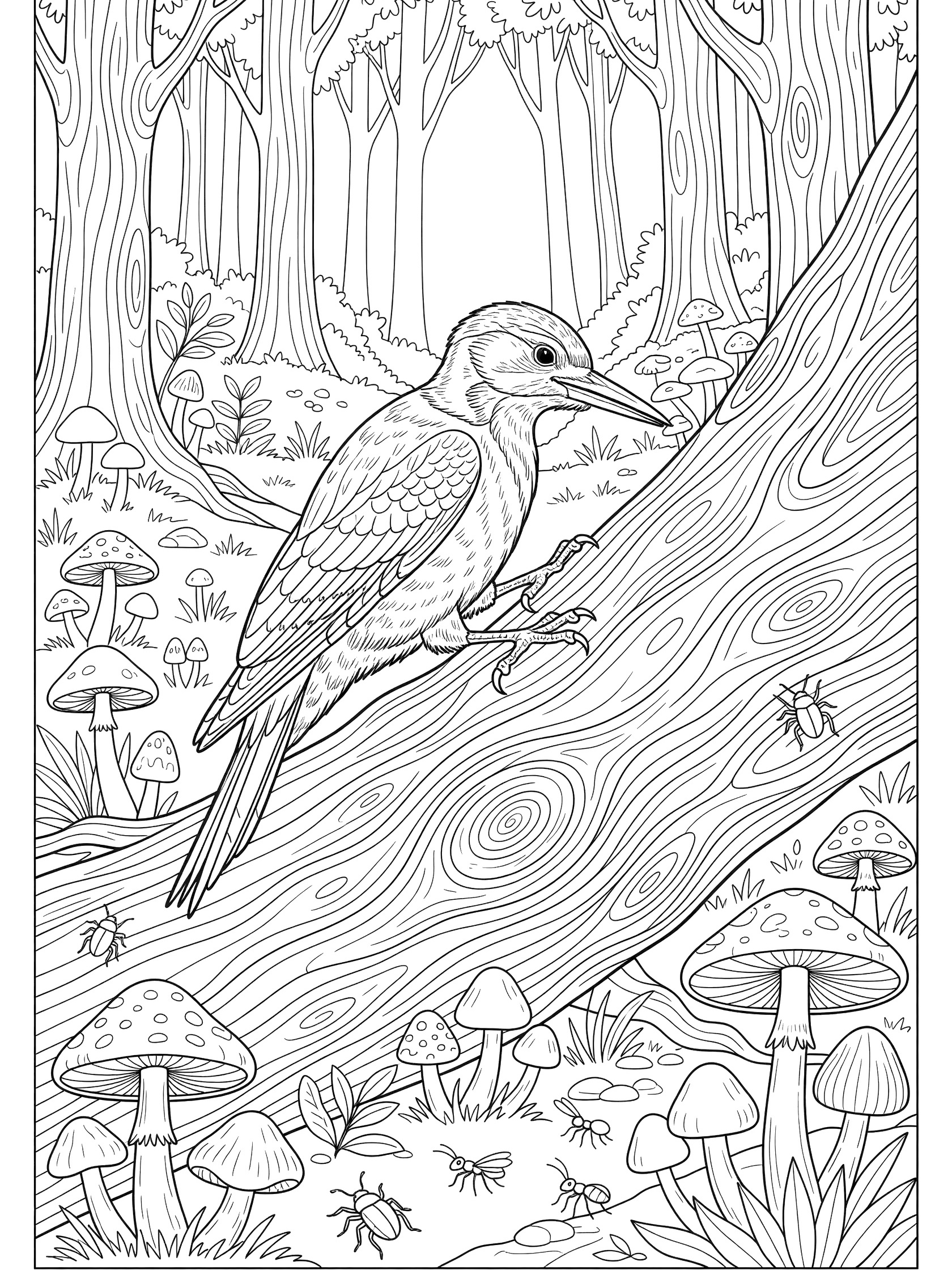 Black and white line art coloring page showing a woodpecker perched on a tree stump surrounded by mushrooms, insects, and forest details.
