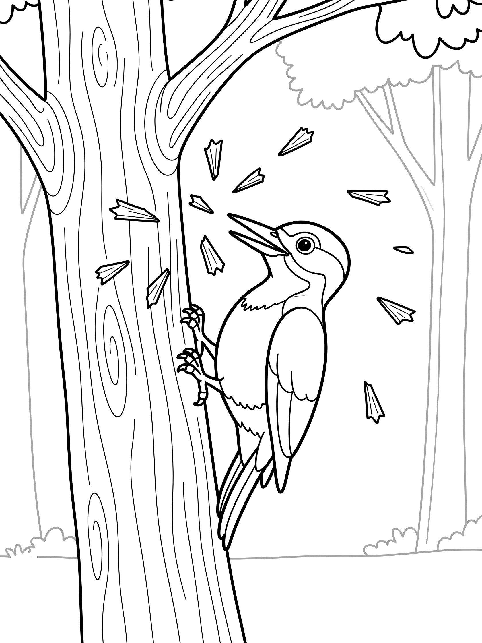 Black and white line art coloring page showing a woodpecker clinging to a tree trunk pecking with wood chips flying from its beak
