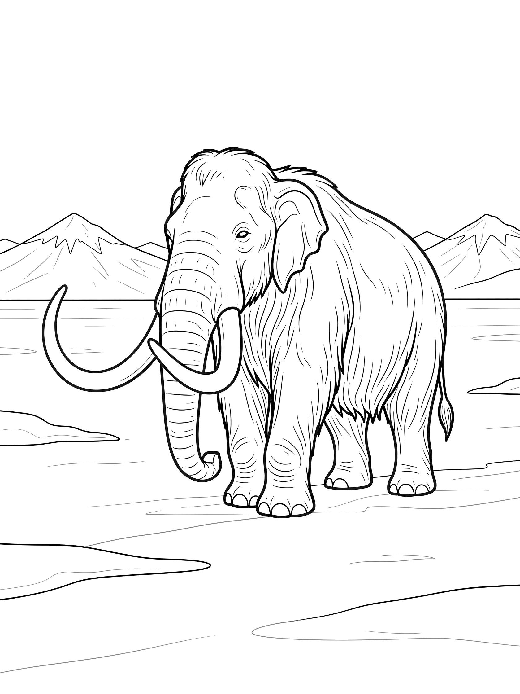 Black and white line art coloring page showing a large woolly mammoth with shaggy fur and curved tusks standing on a snowy plain with distant mountains.