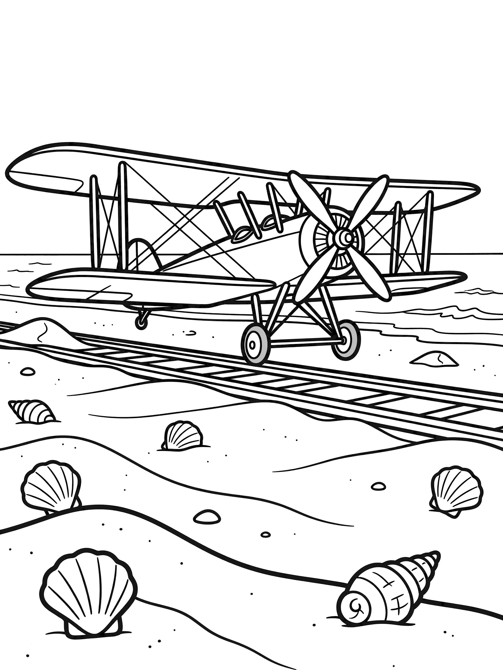 Black and white line art of a Wright Brothers biplane tilted upward mid-takeoff on a beach launch rail, with dunes, seashells, ocean waves, and open sky.