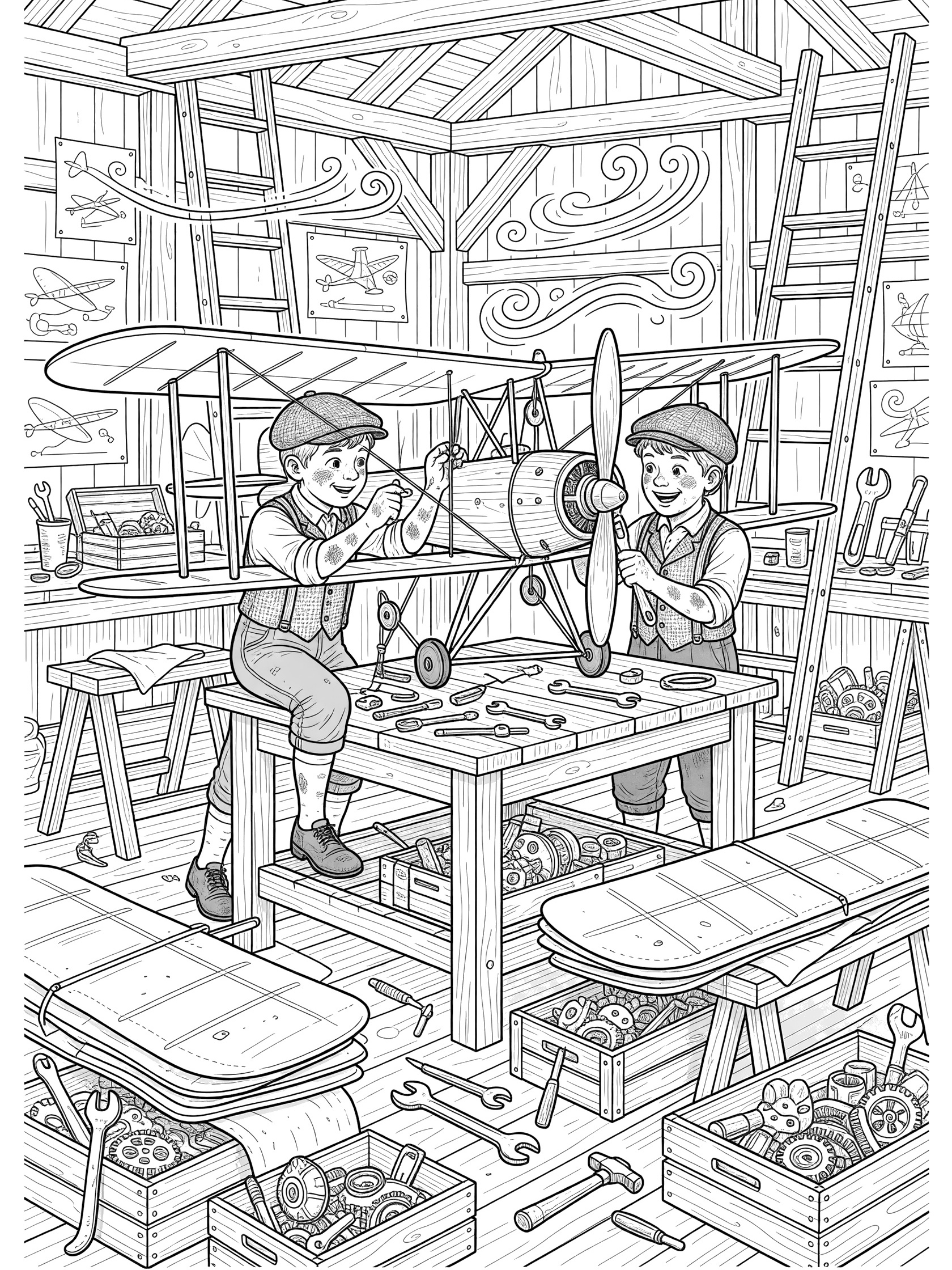 Black and white coloring page of Wright Brothers planes in a workshop, with two boys in early 1900s clothes working on a biplane glider at a workbench surrounded by tools, ladders, crates, and flight sketches.