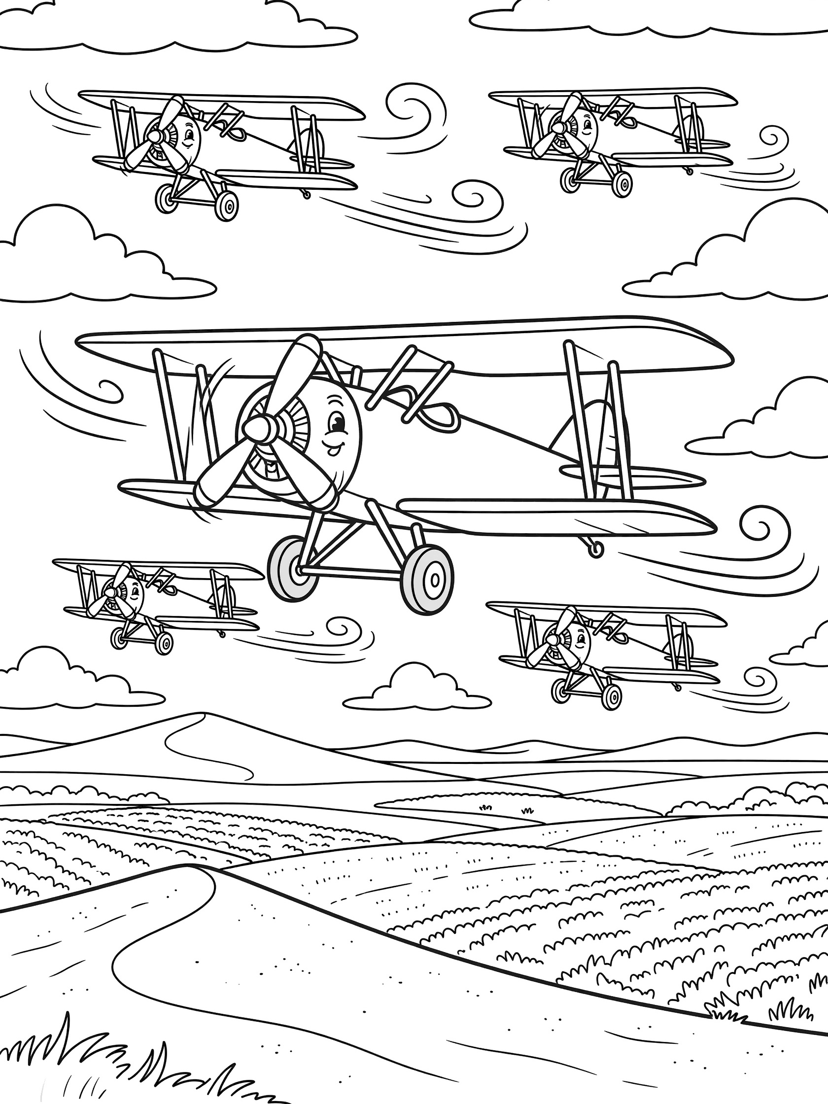 Cute cartoon Wright Brothers planes biplanes with propellers and joyful faces flying dynamically in the sky over sandy dunes, green fields, fluffy clouds, and wind trails coloring page