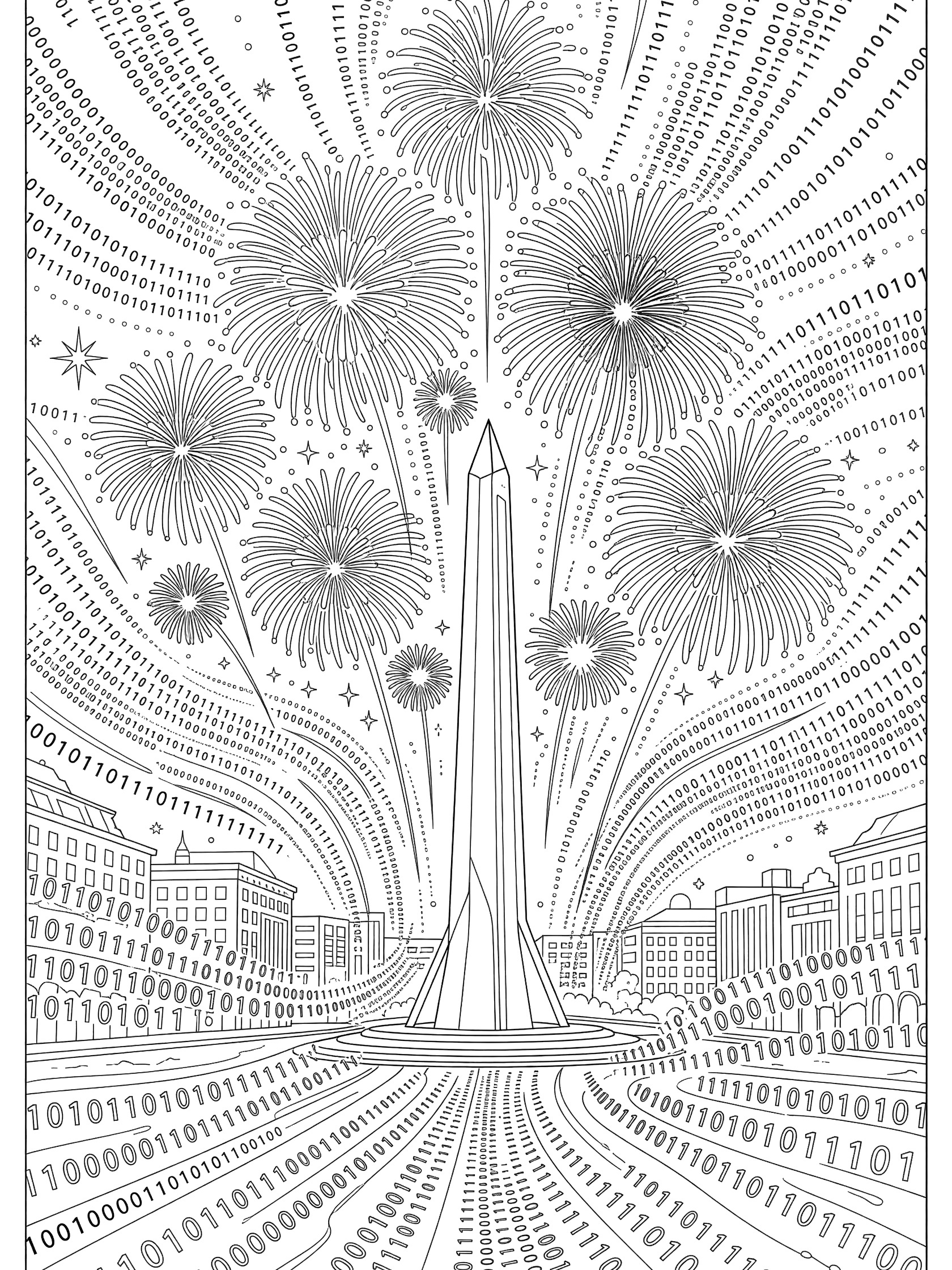 Black and white coloring page of Y2K binary code patterns morphing into fireworks over city square and futuristic obelisk