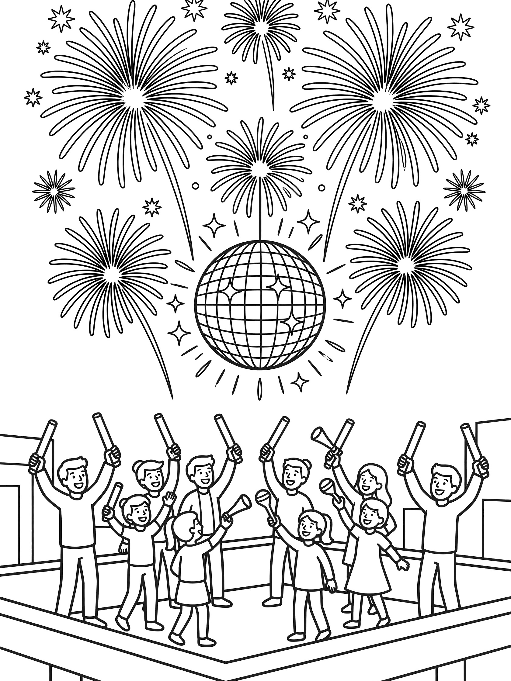 Black and white coloring page of Y2K fireworks exploding over a rooftop party with kids holding noisemakers and glow sticks around a large disco ball