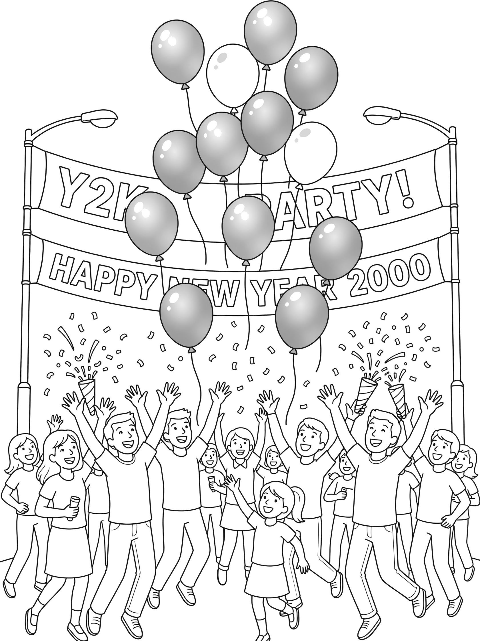 Black and white line art of Y2K street party with silver and gold balloons cascading down, people jumping to catch them under Happy New Year 2000 banners between lampposts.