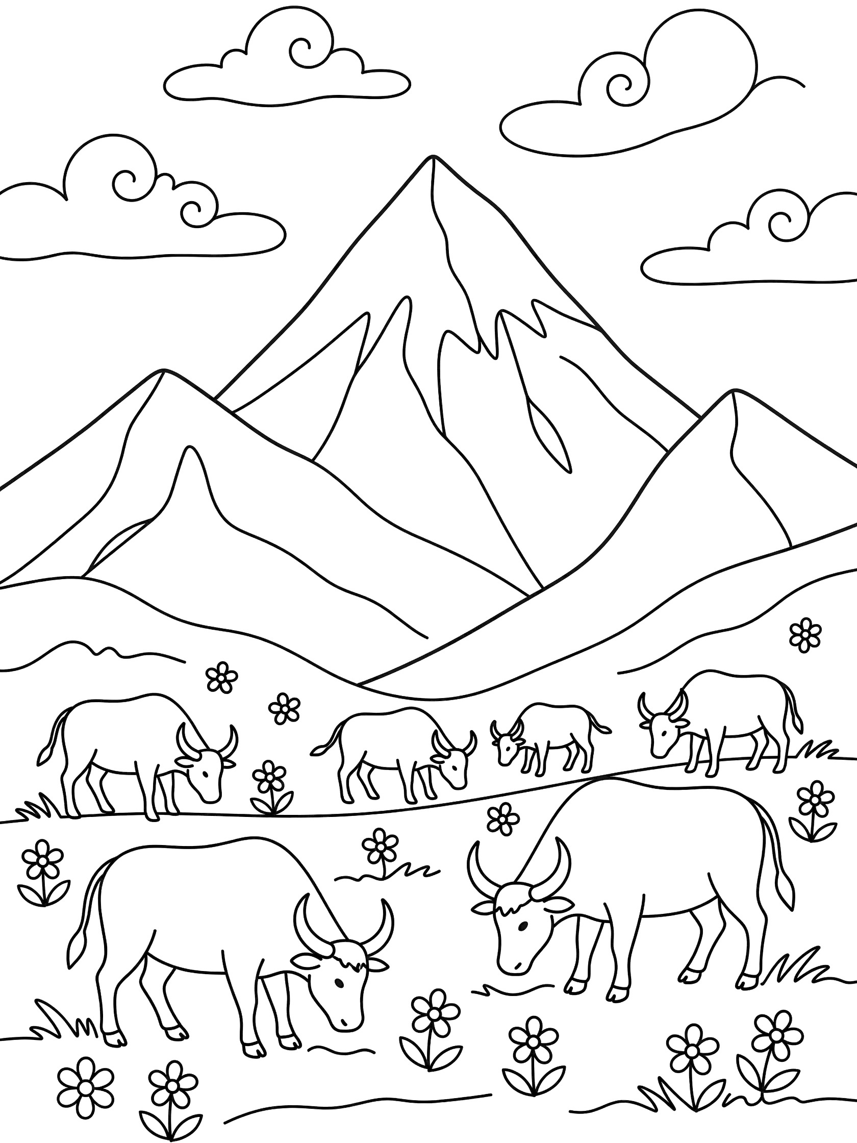 Black and white line art coloring page showing several yaks with big horns grazing on grass with flowers at the base of a pointy mountain peak and swirly clouds above. Makalu themed black and white printable line art