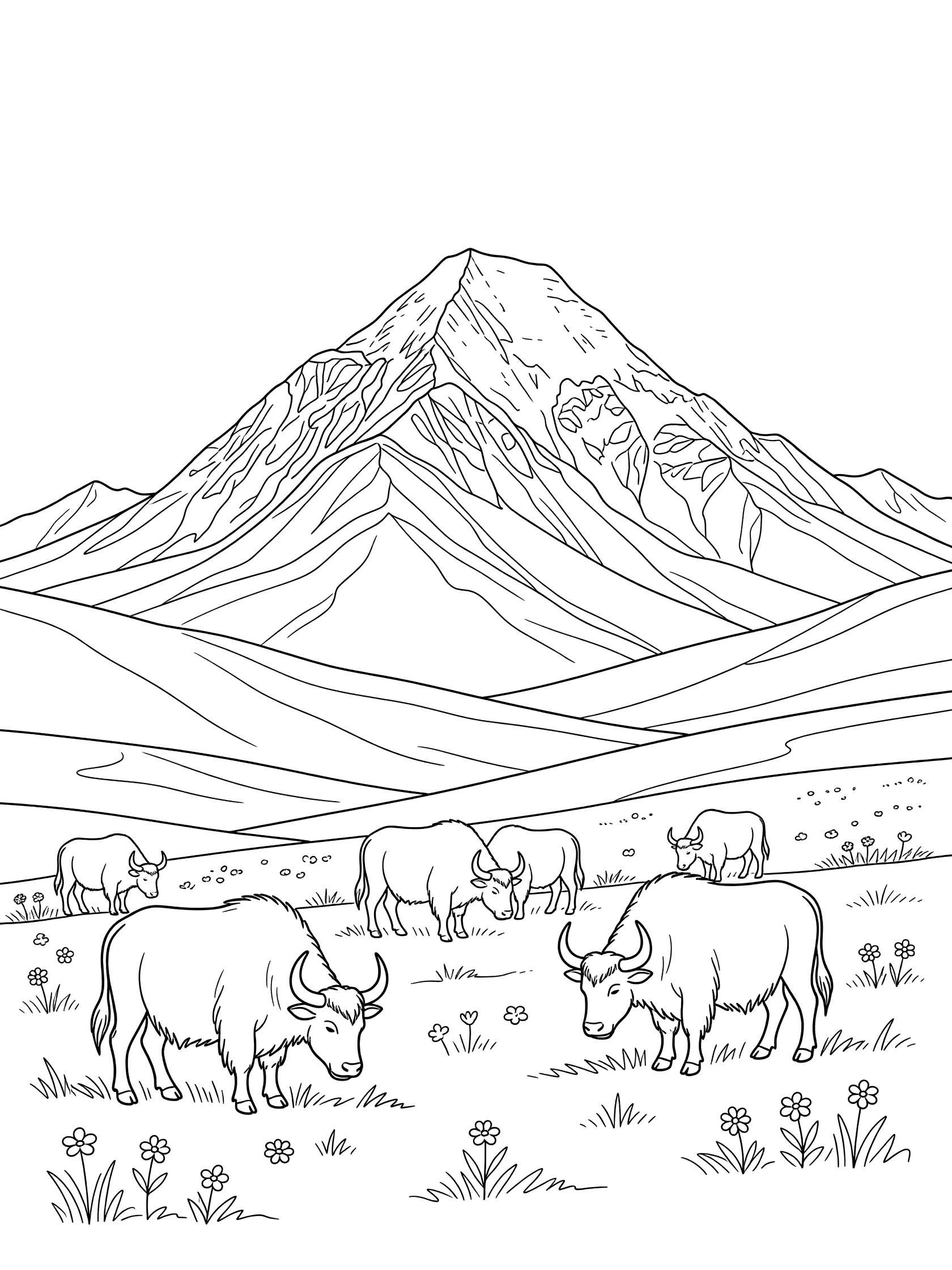 Black and white coloring page showing several yaks with curved horns grazing near wildflowers on grassy ground, with a large peaked mountain and hills behind them. Mount Kailash themed black and white printable line art