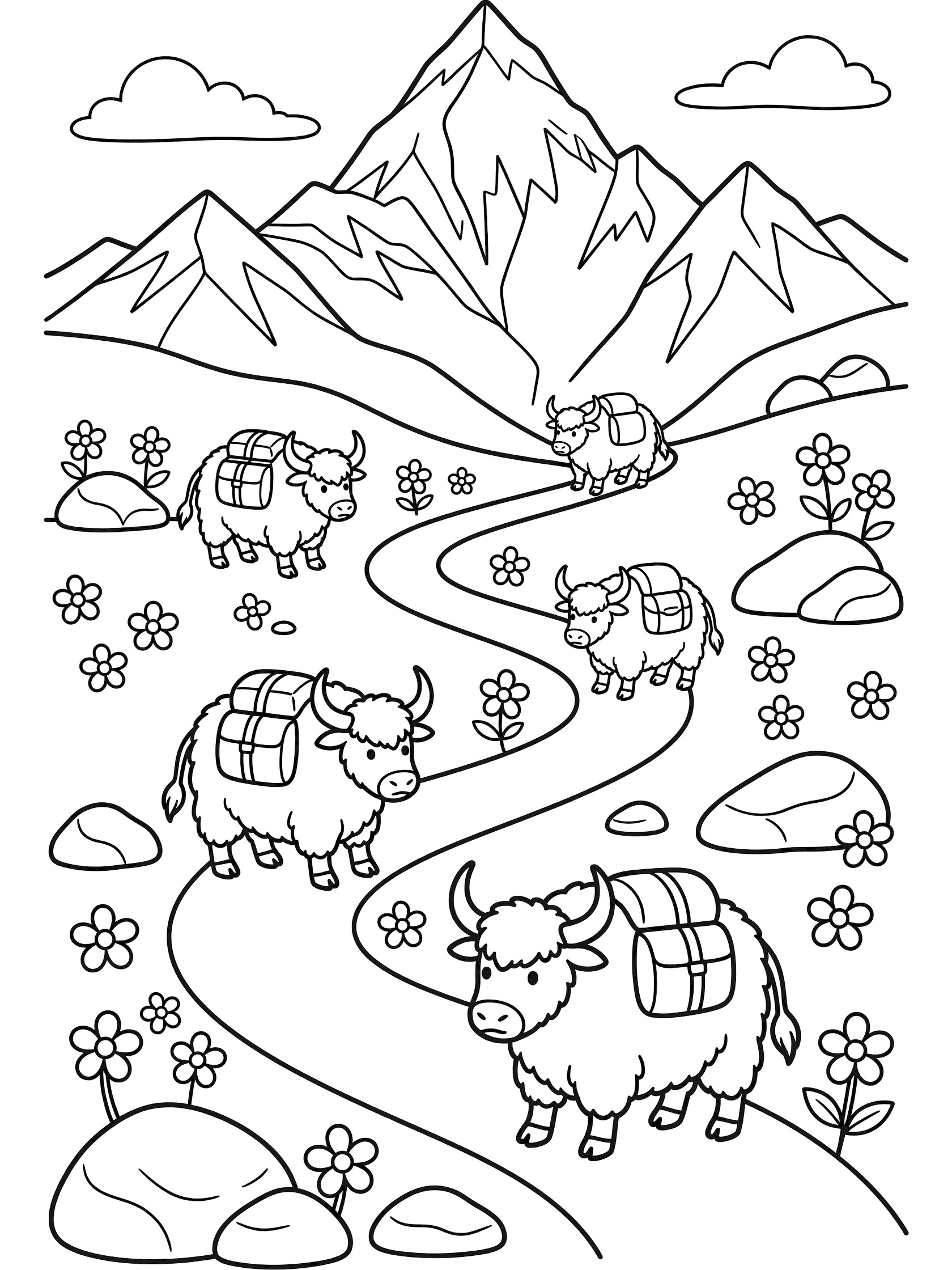 Black and white line art coloring page showing fluffy yaks with loads on a winding mountain trail, tall snowy peaks, boulders, flowers, and clouds. Mount Everest themed black and white printable line art