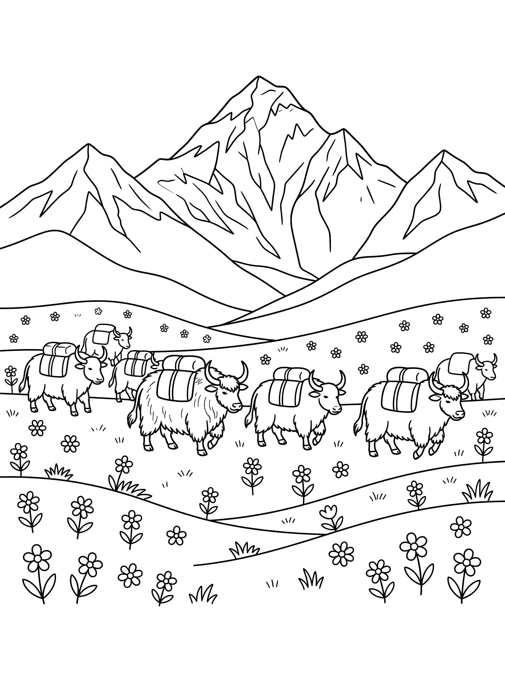 Black and white line art coloring page showing a line of fluffy yaks carrying loads, walking through a field of flowers with tall mountains in the background. Annapurna themed black and white printable line art