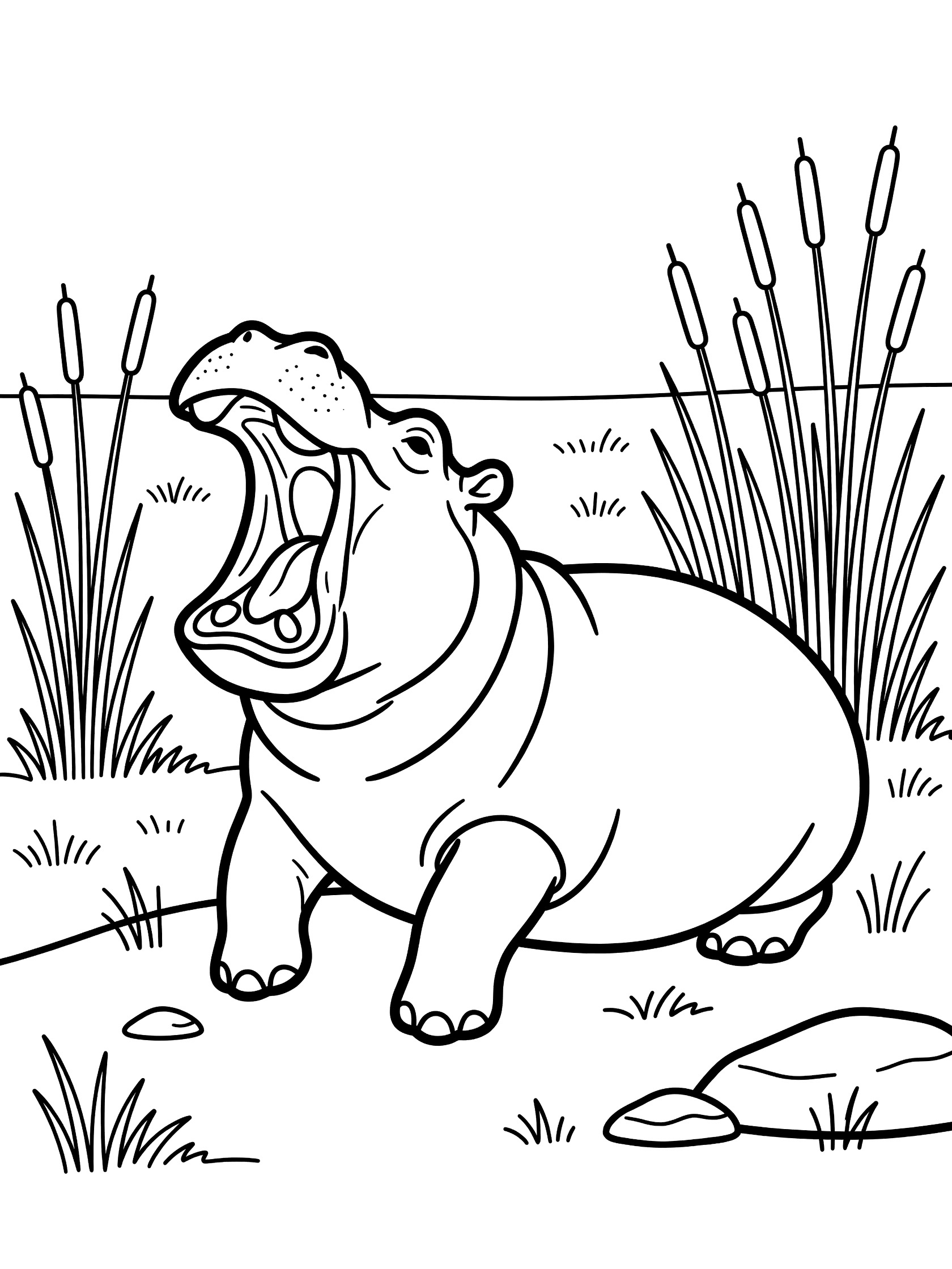 Black and white line art coloring page showing a hippopotamus yawning with open mouth, resting on grass near reeds, rocks, and savanna bank.
