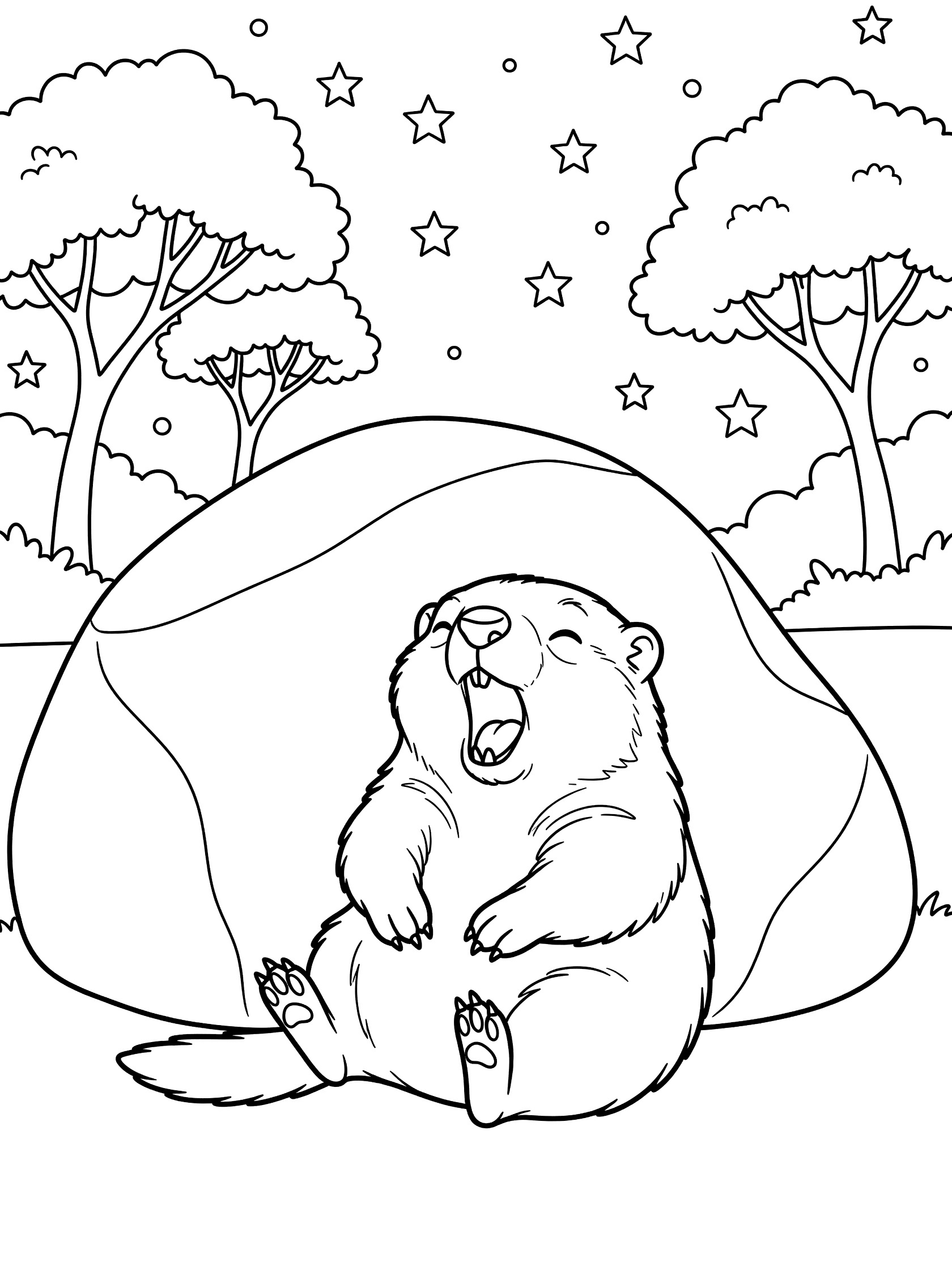 Line art coloring page showing a cute woodchuck yawning widely inside a cave made from a boulder, with trees and stars in the background.