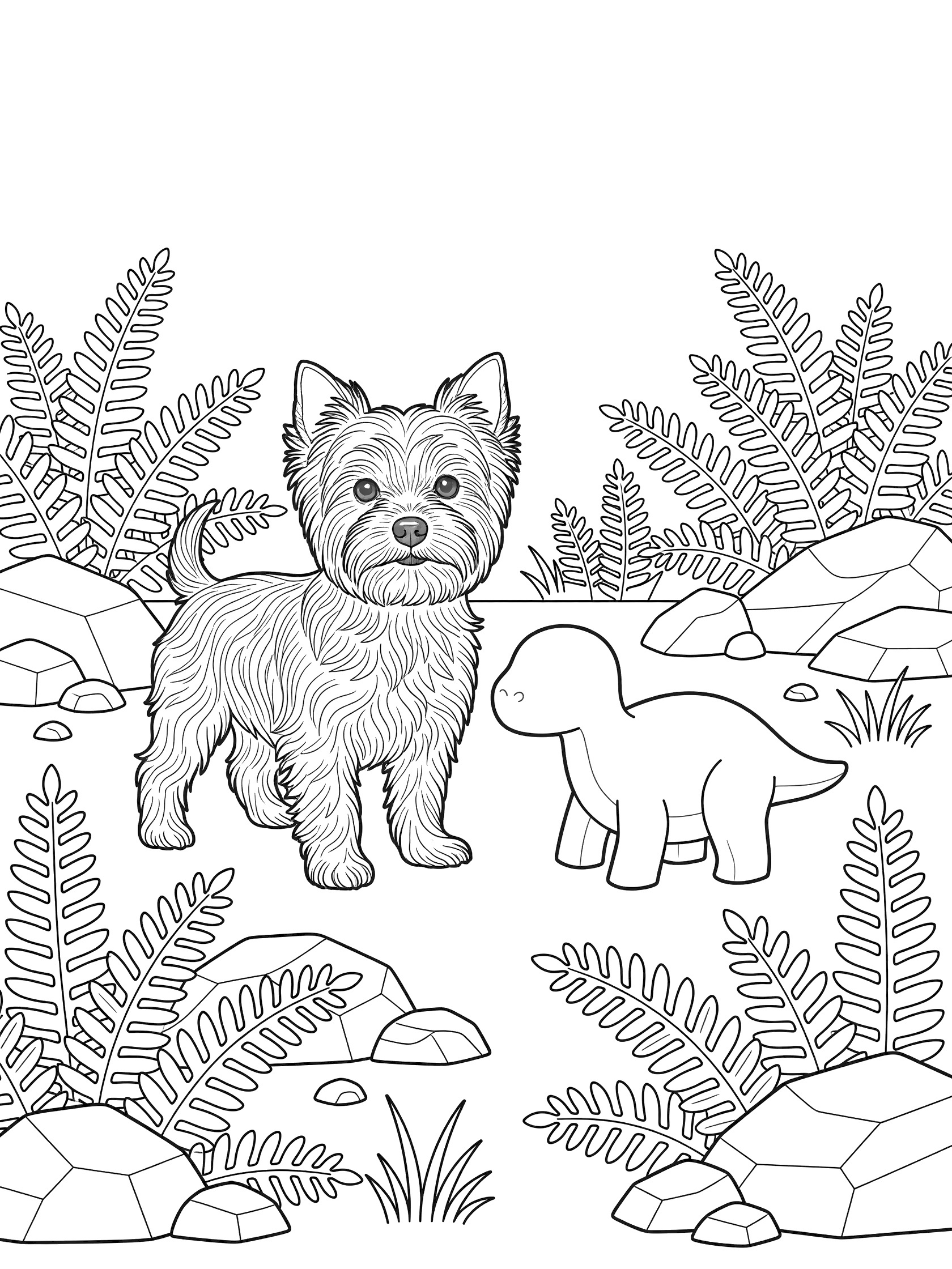 Black and white line art of a small Yorkie dog with detailed fur next to a simple baby dinosaur in a scene with geometric ferns, rocks, and grass.
