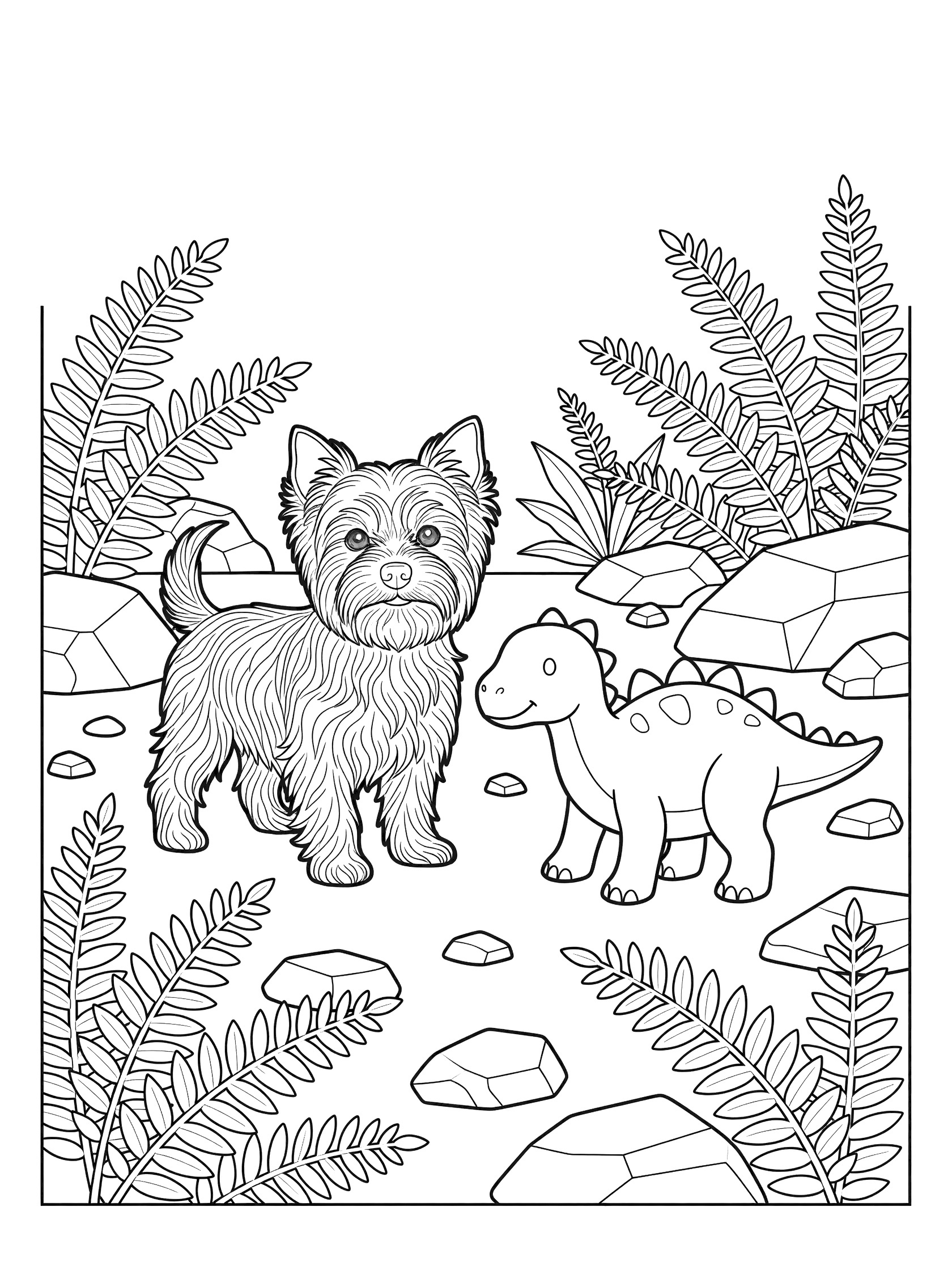 Black and white line art of a small Yorkie dog next to a baby Stegosaurus dinosaur with plates on back, surrounded by ferns and rocks.