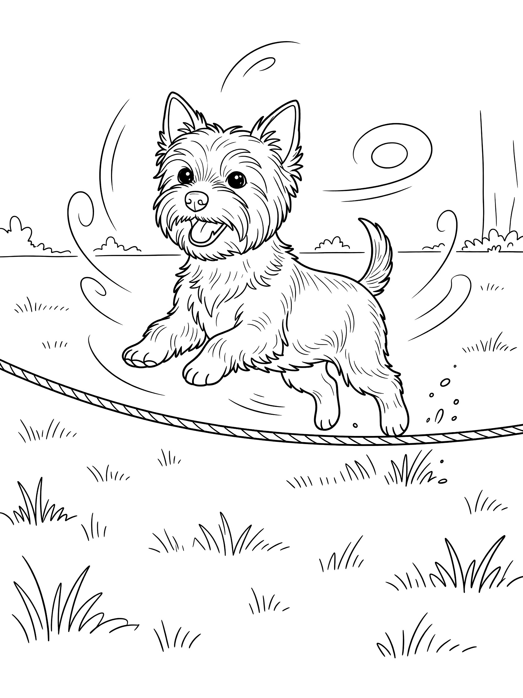 Black and white line art of a small Yorkie dog jumping on a rope in a yard with swirling motion lines and grass patches. Yorkshire Terrier themed black and white printable line art