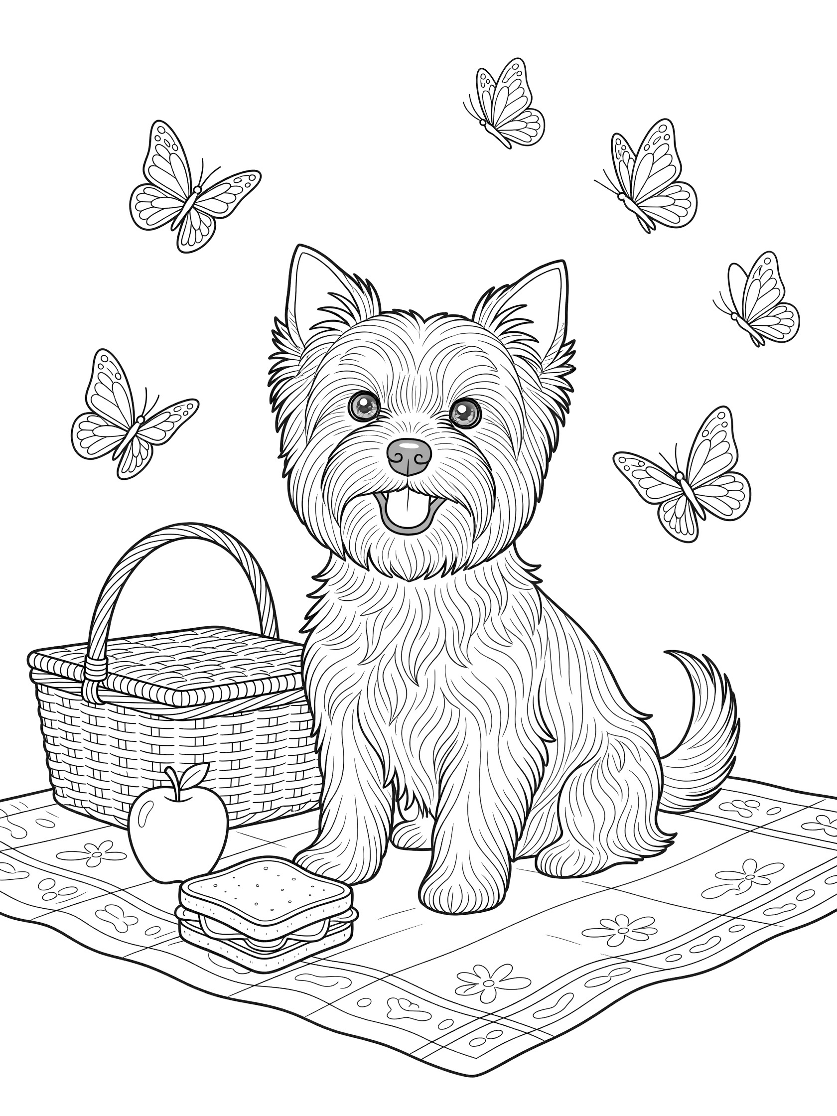 Black and white line art coloring page showing a Yorkshire Terrier dog on a checkered picnic blanket next to a picnic basket, apple, sandwich, and several butterflies.