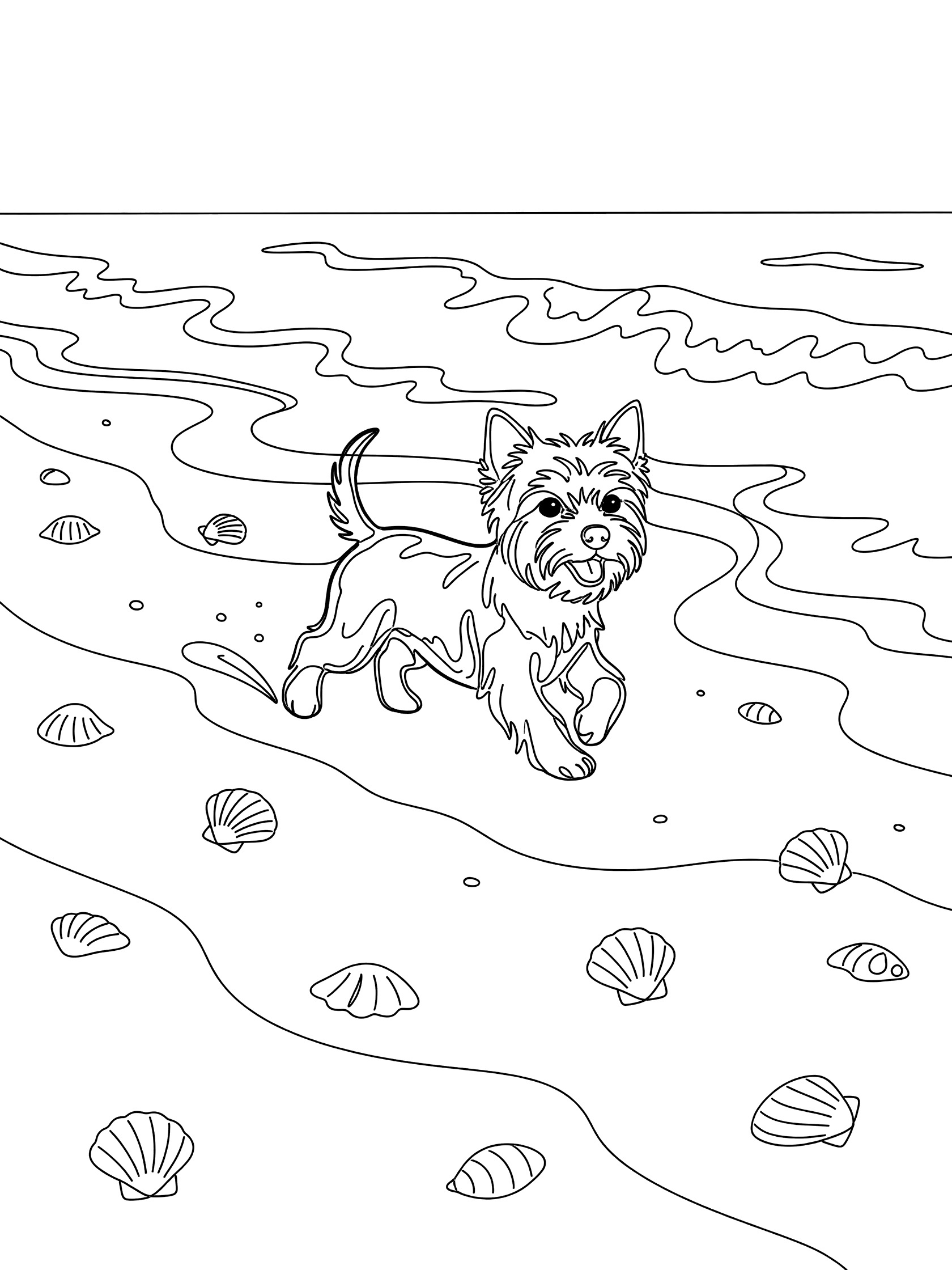 Black and white line art of a small Yorkie dog running happily on sandy beach with gentle waves, scattered seashells, and wagging tail. Yorkshire Terrier themed black and white printable line art