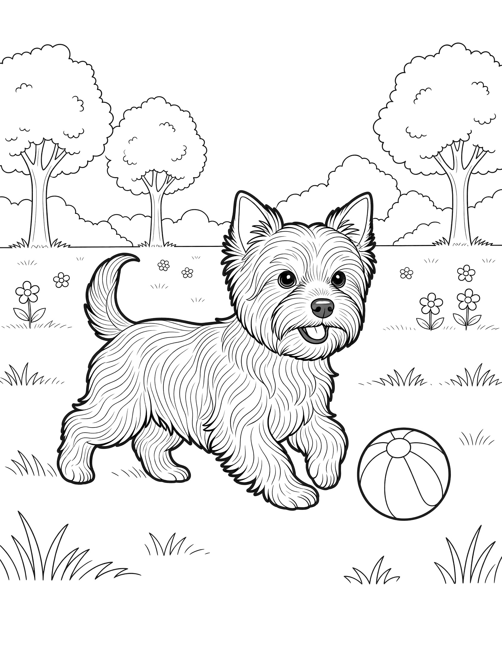 Black and white line art coloring page showing a small long-haired Yorkie puppy running after a round ball on grass with flowers and trees in a park. Yorkshire Terrier themed black and white printable line art