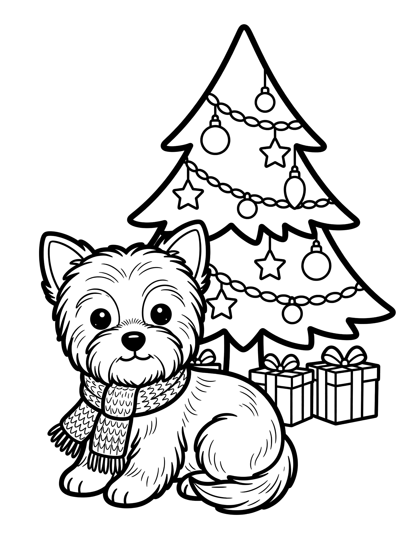 Black and white line art coloring page showing a Yorkshire Terrier puppy with a scarf next to a Christmas tree with star, balls, garland, and wrapped gifts.