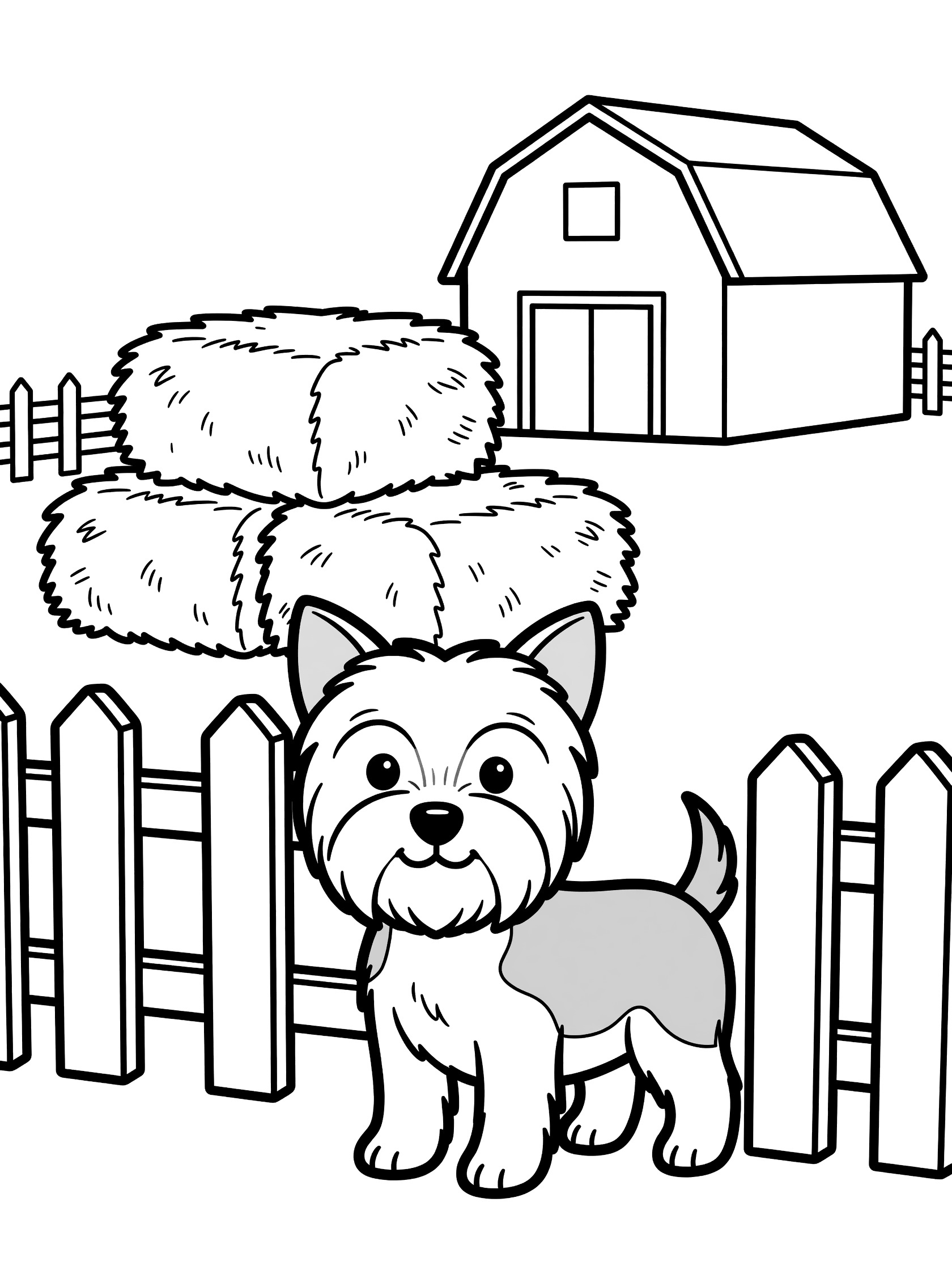 Black and white coloring page of a small Yorkshire Terrier dog standing next to a wooden fence on a farm, with stacked hay bales and a barn in the background.