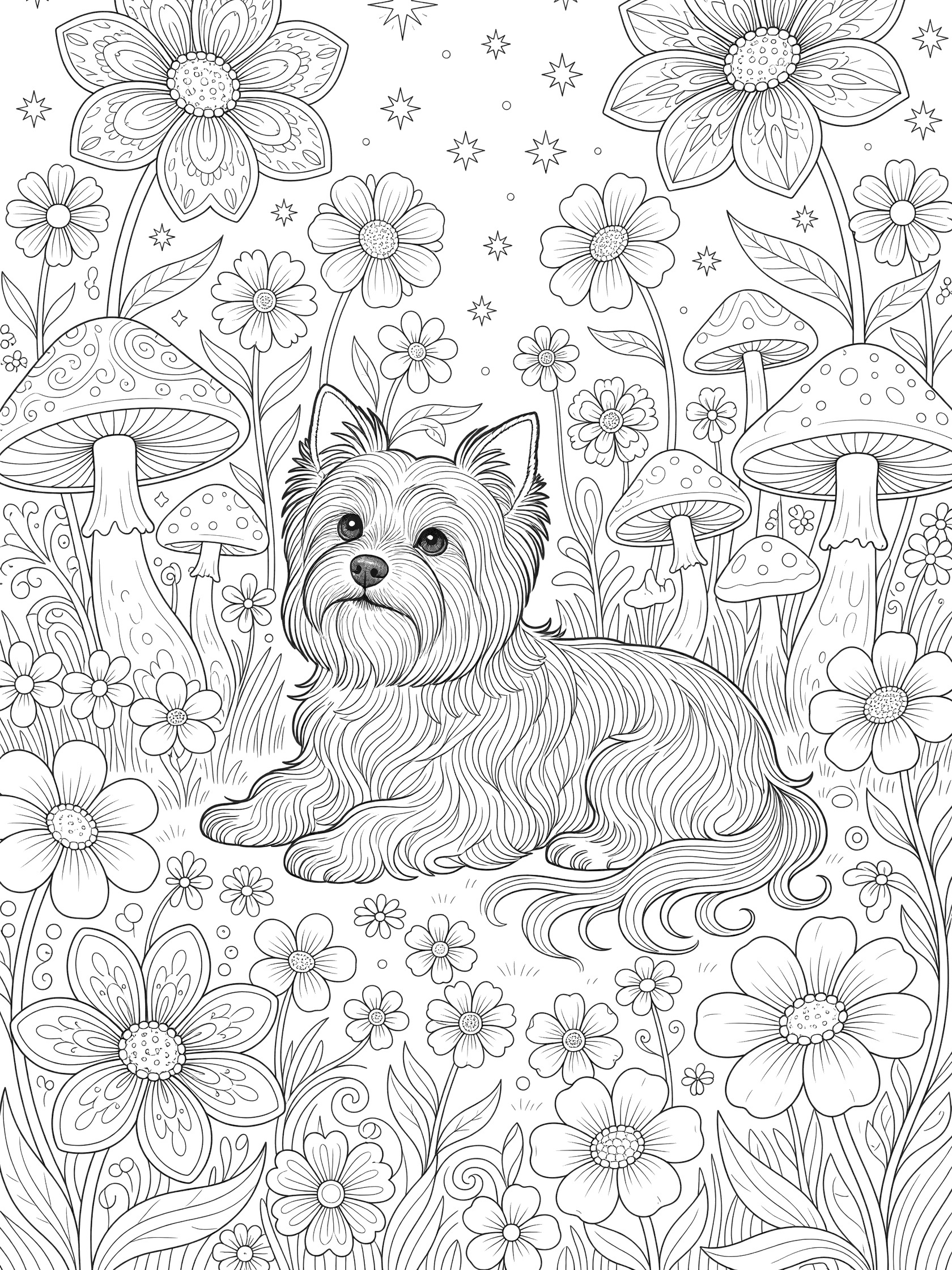 Black and white line art coloring page showing a detailed Yorkshire Terrier dog with long flowing fur sitting in a magical garden surrounded by oversized flowers, mushrooms, and stars.