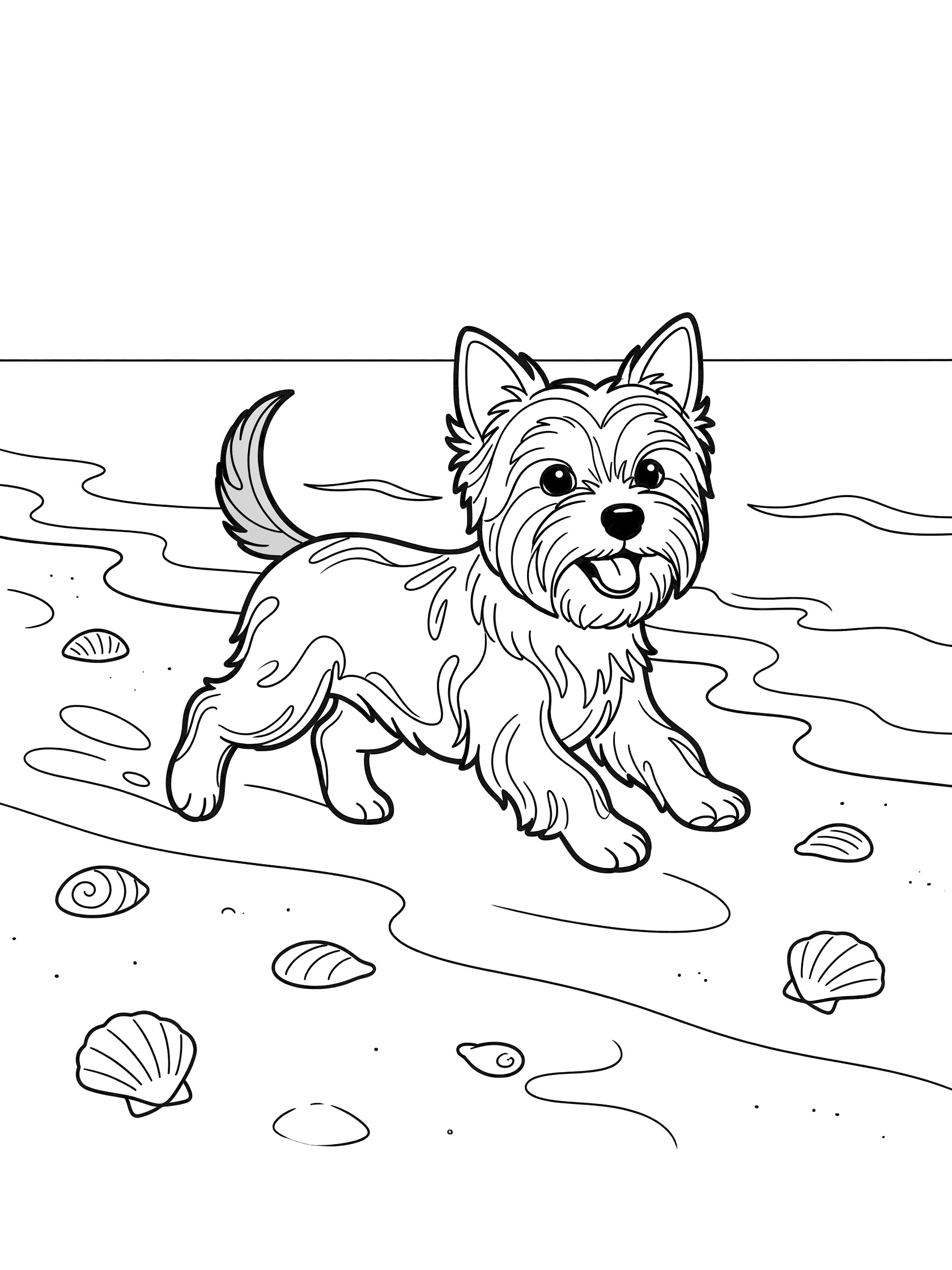 Black and white line art coloring page showing a Yorkshire Terrier puppy running happily on the beach with gentle waves, sand, and scattered seashells.