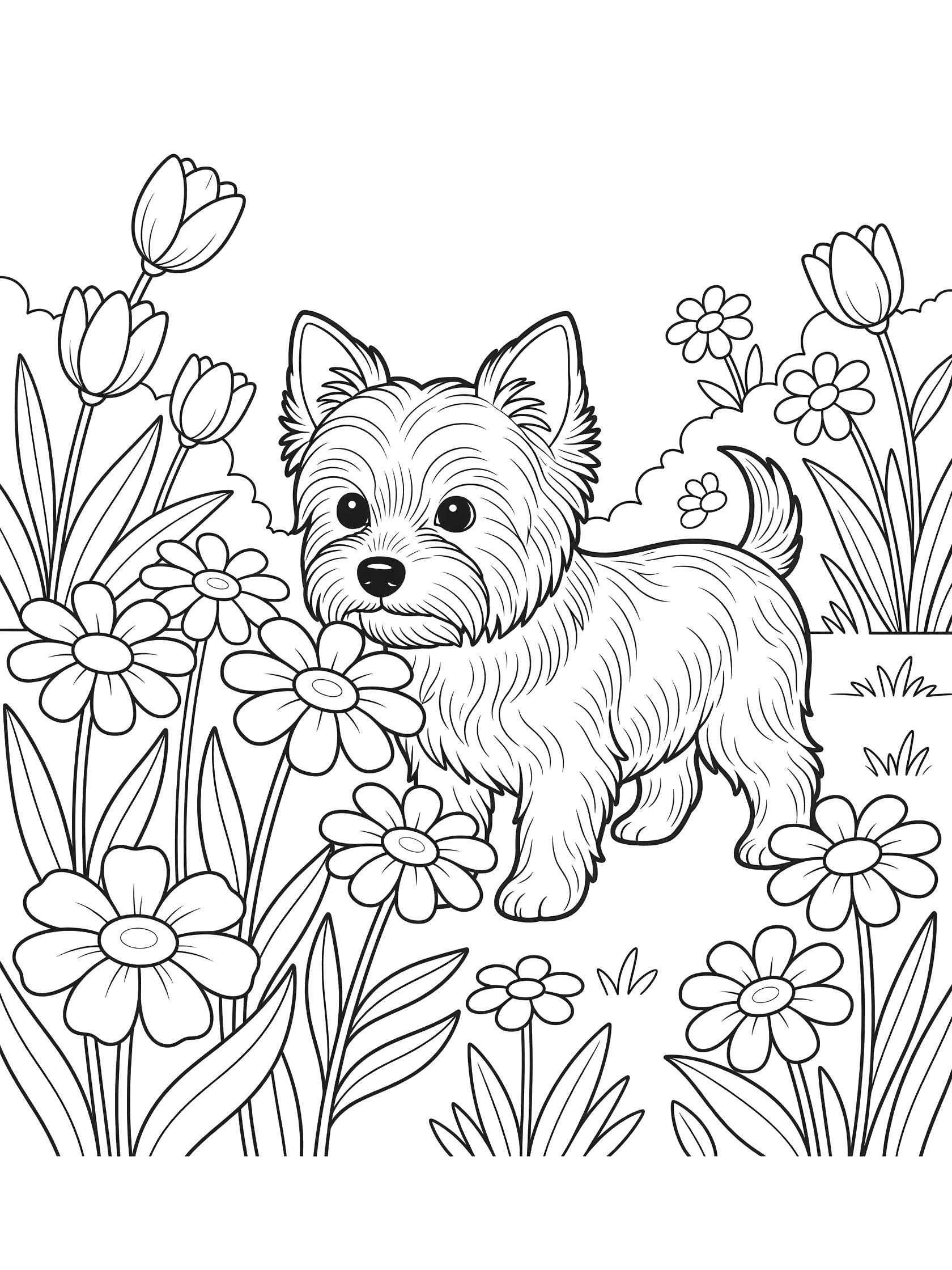 Black and white line art coloring page showing a fluffy Yorkshire Terrier puppy with pointy ears standing among blooming tulips and daisy flowers with stems and leaves.