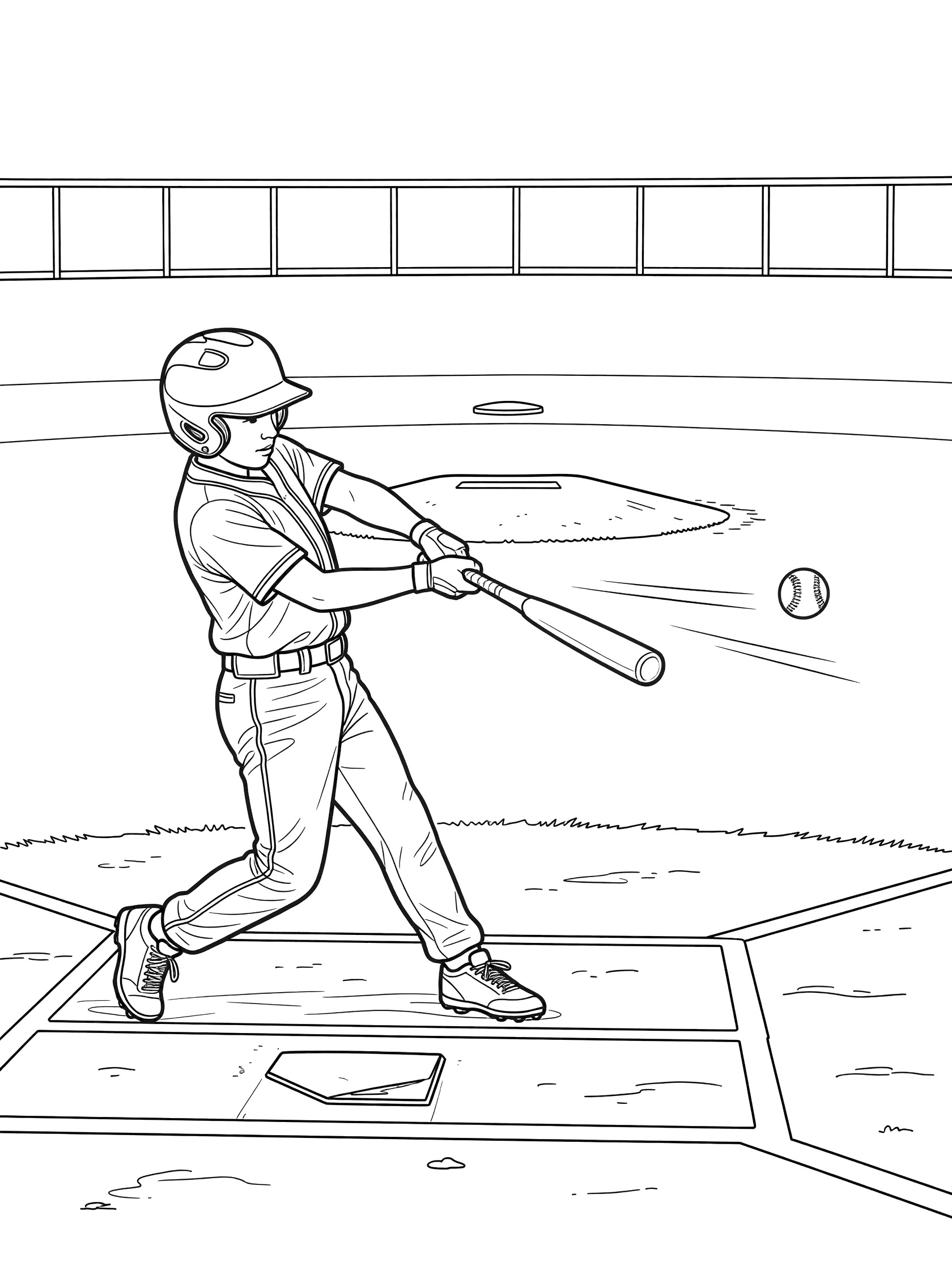 Black and white line art of a young baseball batter swinging powerfully at a pitch, cracking a line drive toward the outfield, with home plate and field visible.