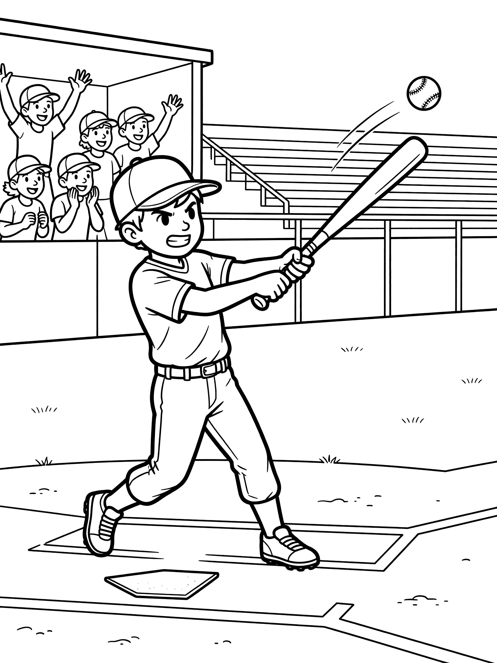 Black-and-white line art of a kid baseball batter swinging bat to hit home run ball flying high, teammates cheering from dugout.