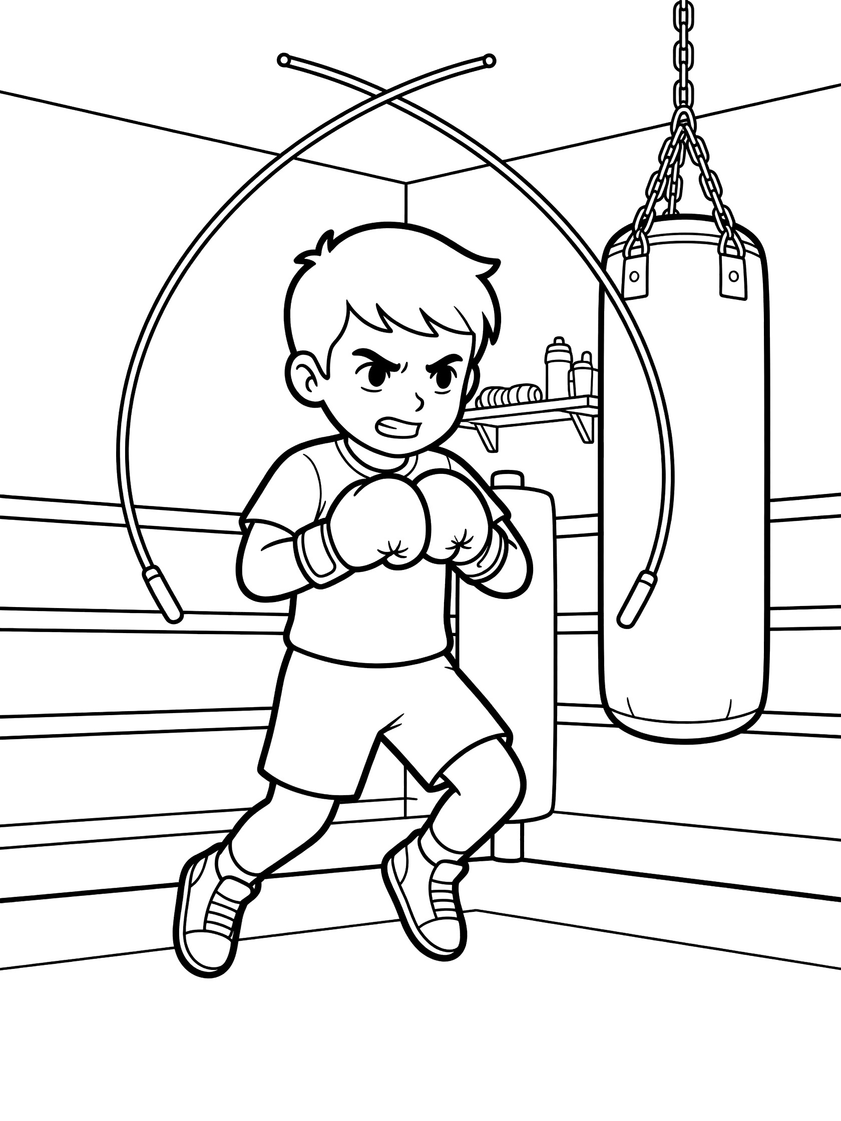 Black and white line art of a determined boy boxer with gloves crossing arms to jump rope, forming an X, next to a punching bag in training corner.