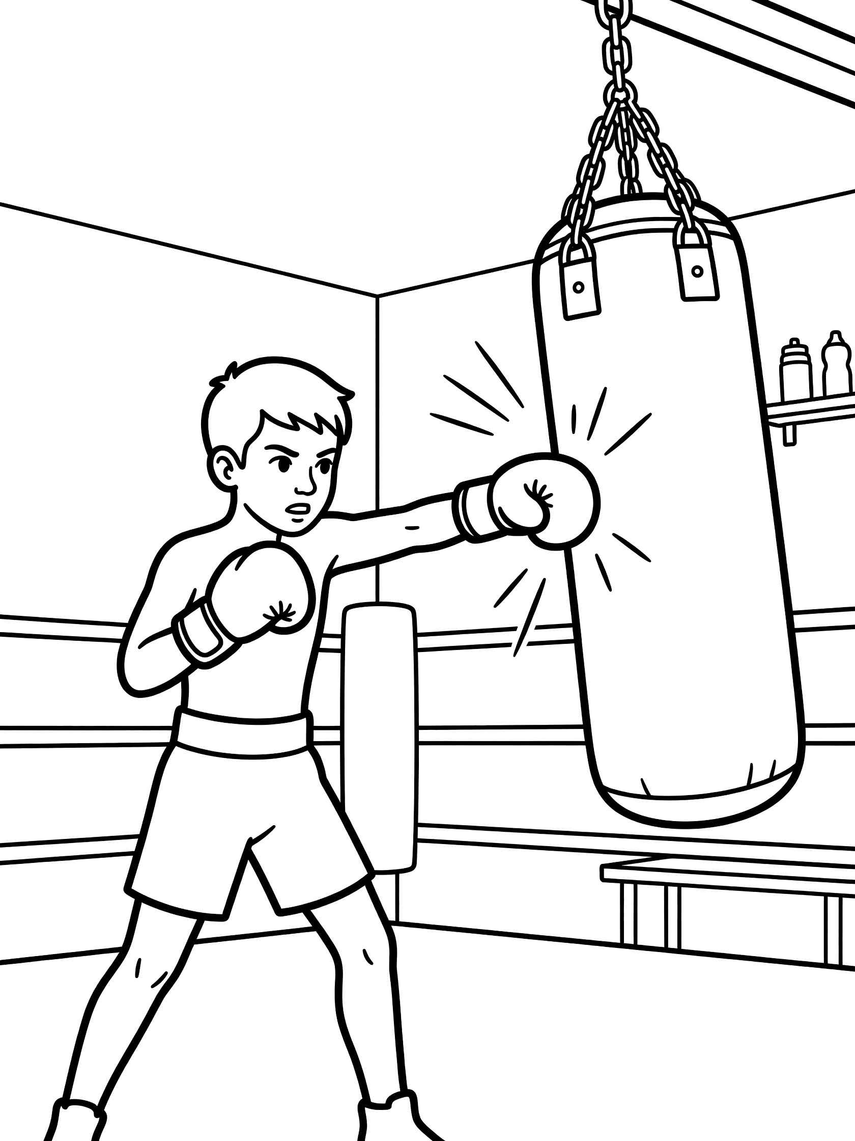 Black and white coloring page showing a young boy boxer in shorts and gloves delivering a straight punch to a swaying punching bag with motion lines.