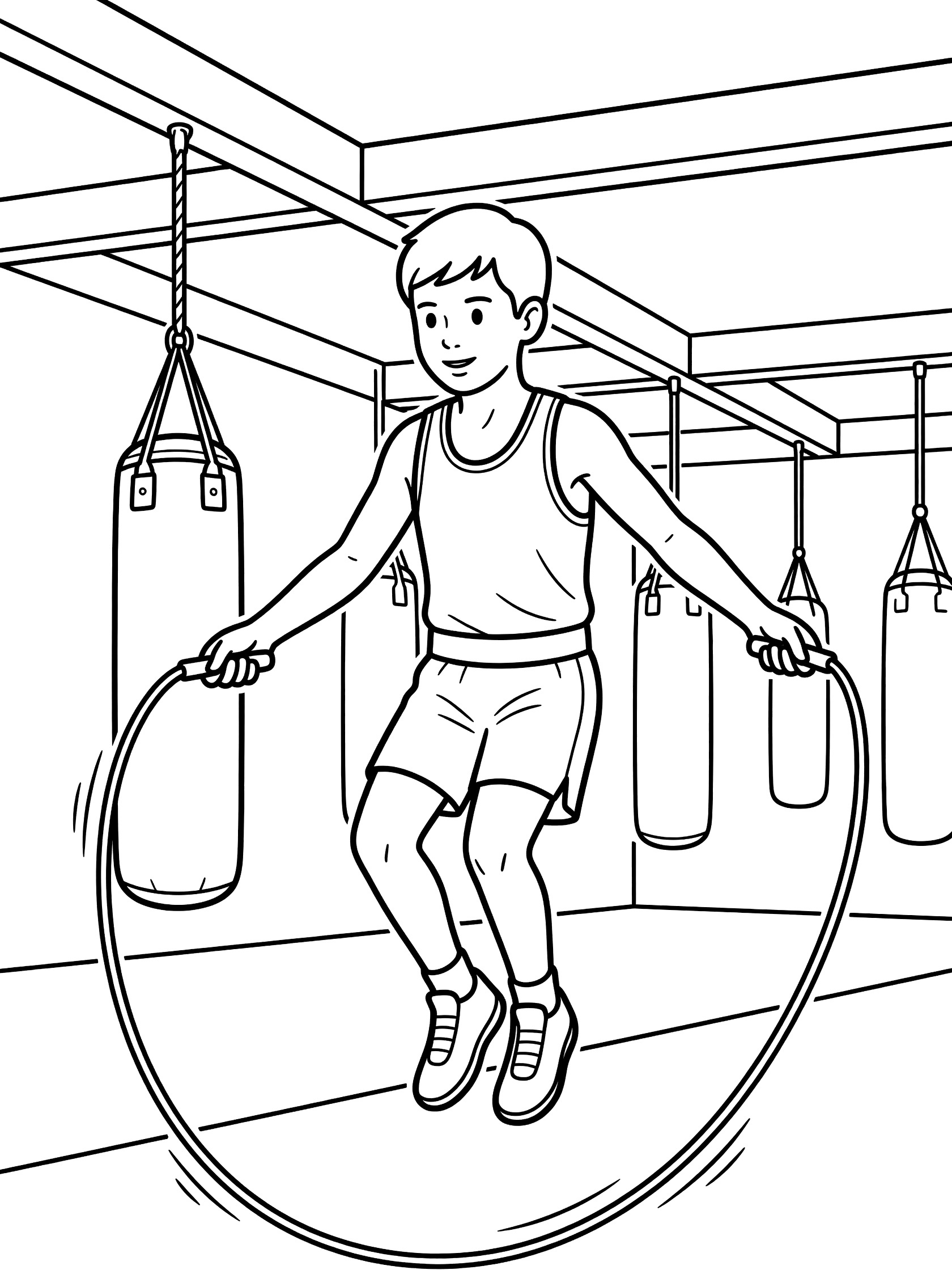 Black and white coloring page of a young boxer in tank top and shorts jumping high over a jump rope in a boxing gym with hanging punching bags.