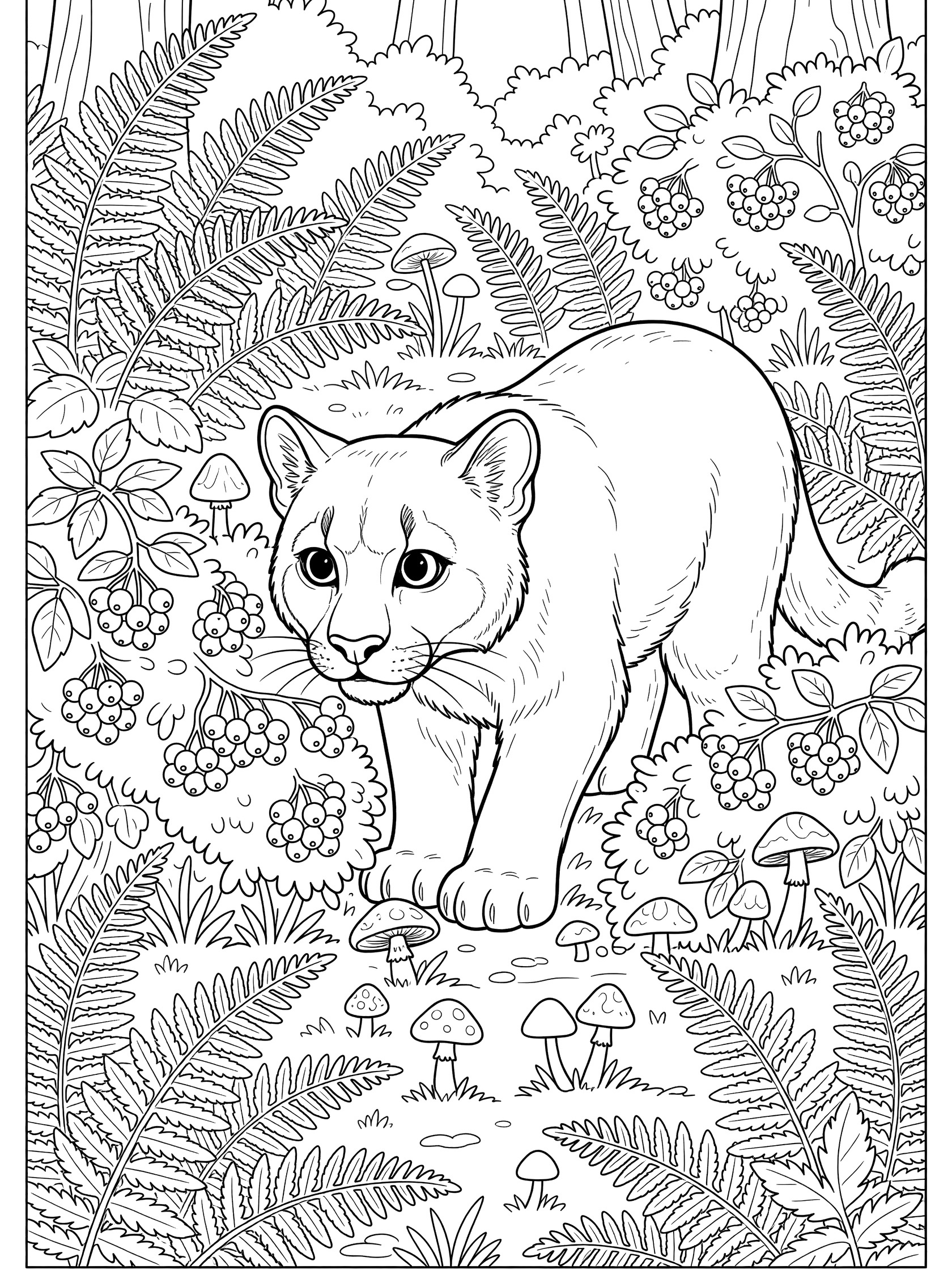 Black and white line art coloring page showing a cute young cougar with big eyes sniffing clusters of berries on low bushes surrounded by ferns, mushrooms, and forest plants. Puma themed black and white printable line art