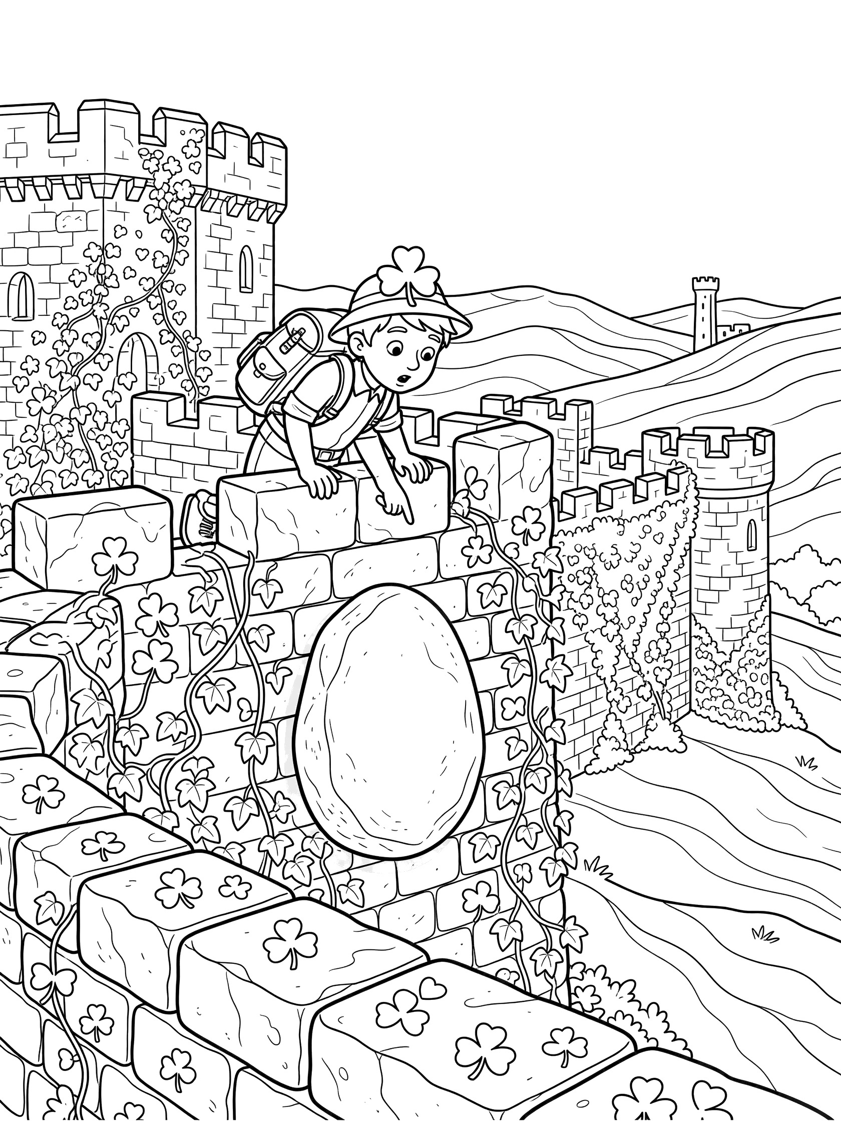 Line art coloring page showing a young explorer leaning over castle wall to point at the smooth Blarney Stone below, with ivy, shamrocks, and distant Irish hills.