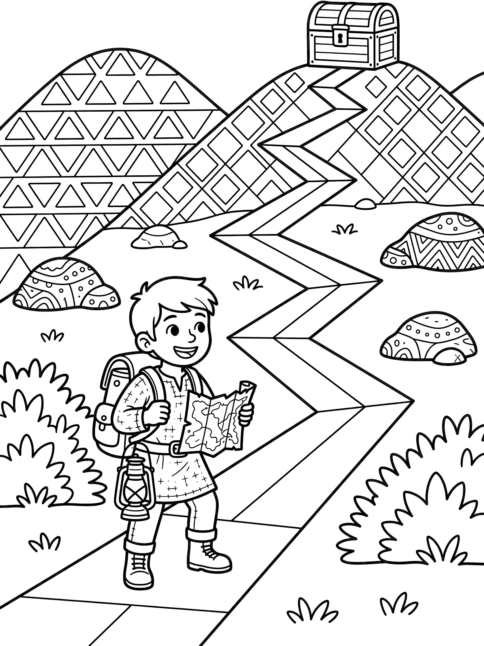 Black and white line art of a happy young explorer standing at the start of a twisting zigzag path through patterned hills toward a treasure chest, with bushes and rocks.