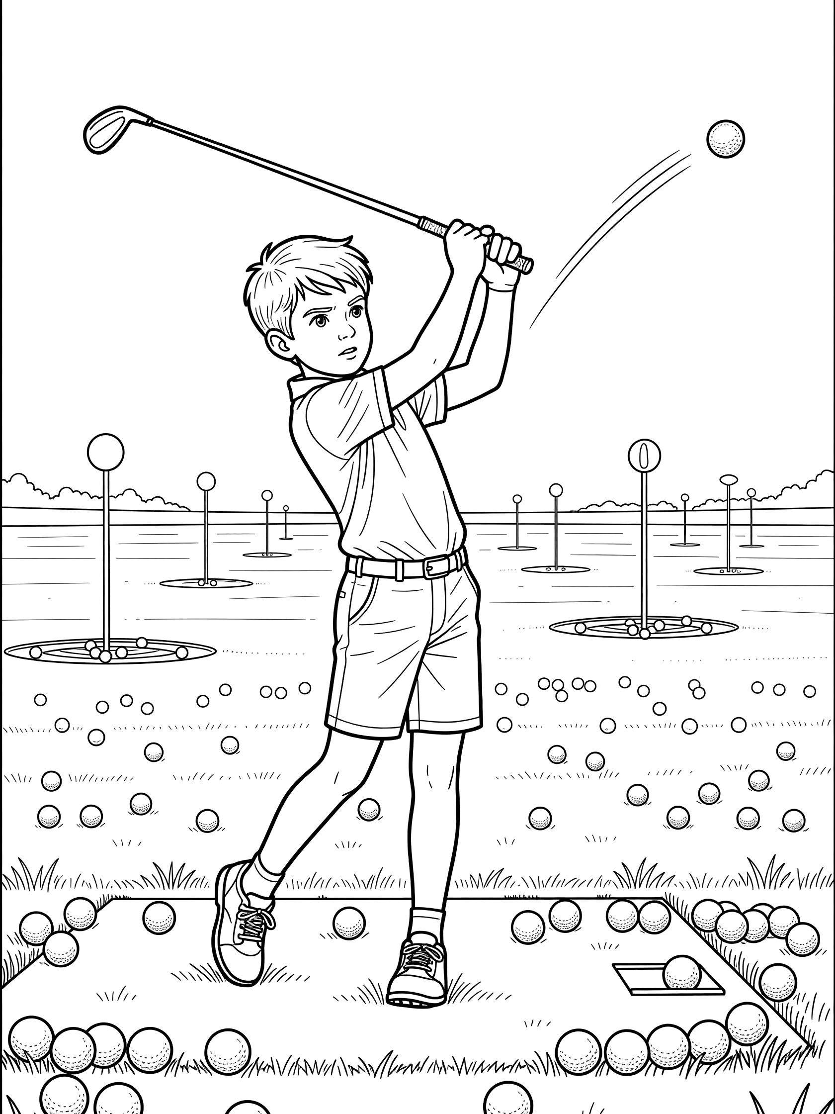 Line art coloring page of a boy golfer swinging a driver at an outdoor driving range with flying golf ball, scattered balls, and distant markers.