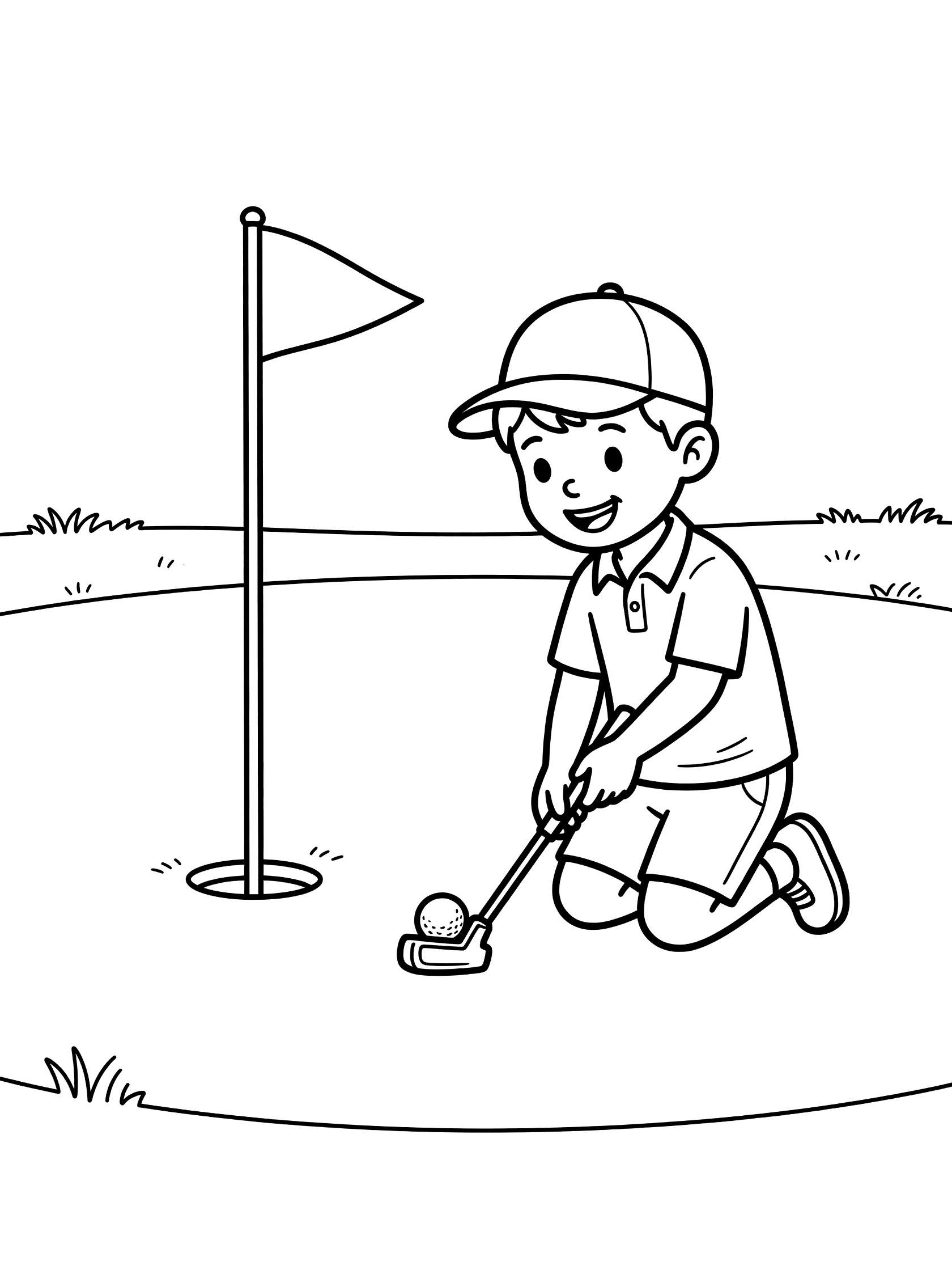 Line art coloring page showing a happy boy golfer on the green putting a golf ball towards the hole with his putter, flagstick nearby